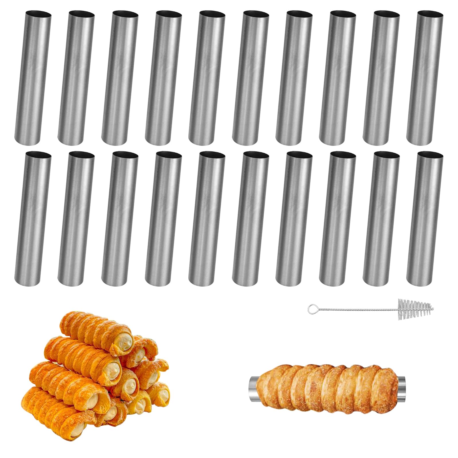 TTQiAnJ 20 Pieces Stainless Steel Cream Roll Mold,Non Stick Cannoli Moulds with 1 PCS Brush,12 x 2 cm Pancake Roll Molds for Danish Pastry Pancake,Cannoli Tubes Croissant Baking