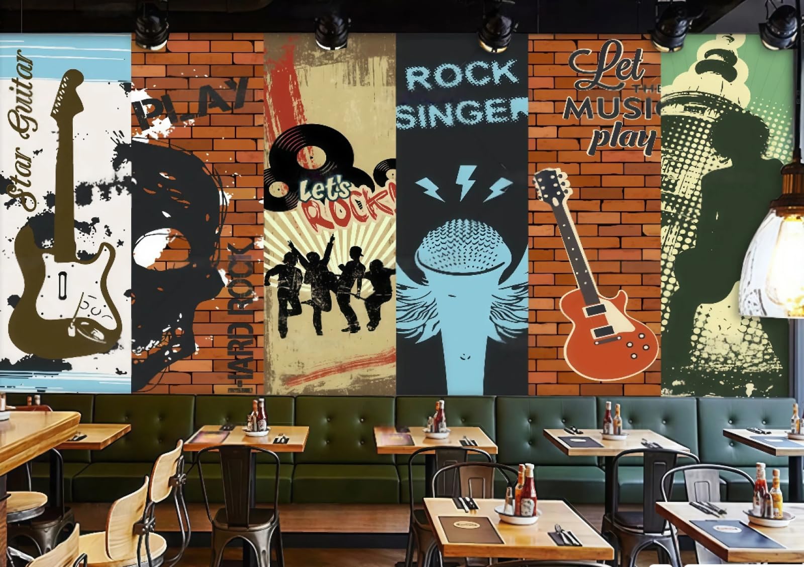 XDOUBAO Wallpaper Nostalgic Brick Wall Graffiti Music Rock Bar Theme Drink Shop Afternoon Tea Western Restaurant Background Wall Wallpaper Coffee Shop Mural,3D,150x105cm