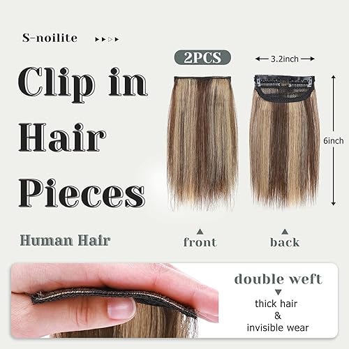 Miniatura 2 de S-noilite Extensiones de cabello humano corto con pinzas, 2 unidades, 6 pulgadas, extensiones de cabello humano extra grueso para añadir volumen