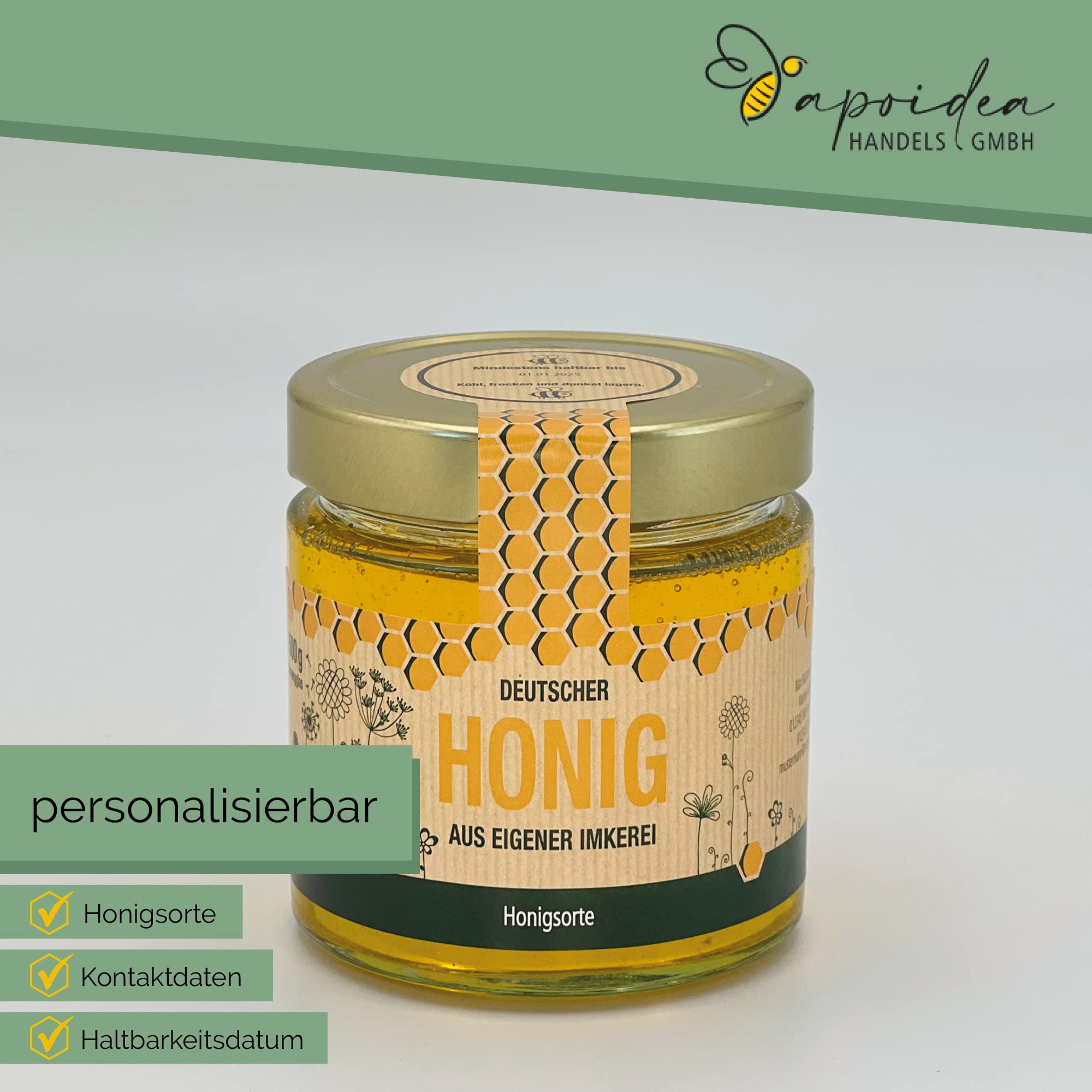 Apoidea – Honig Etiketten 500g mit Gewährverschluss selbstklebend & personalisierbar - 100 Stück/Etiketten Honiggläser/Honig Aufkleber für selbstgemachten Honig/Honigetiketten für Honiggläser