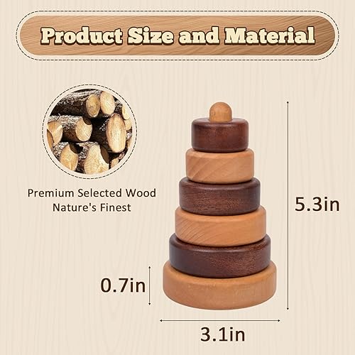 Miniatura 2 de Adena Montessori Juguete apilable de madera con anillo, juguete educativo Montessori geométrico apilador de madera, para bebés y niños pequeños a
