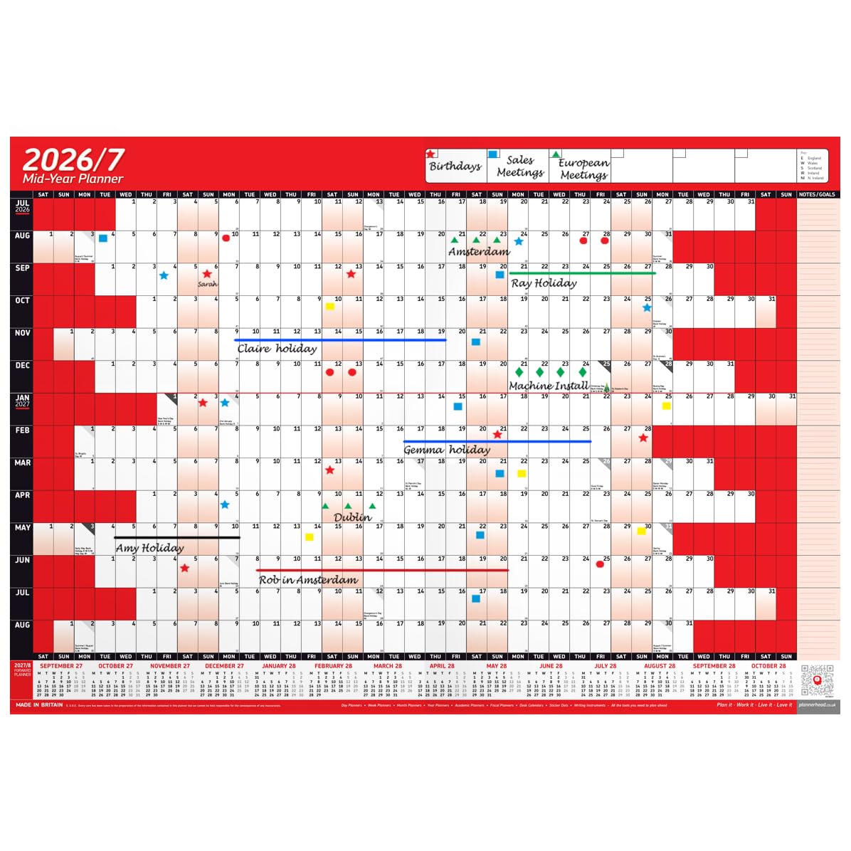 PlannerHead 2026/2027 Laminated Academic Wall Planner/Mid Year Calendar July 2026-August 2027 UK/Dry Wipe Pen & Stickers/Red A2+ 43cm x 62cm (Rolled)