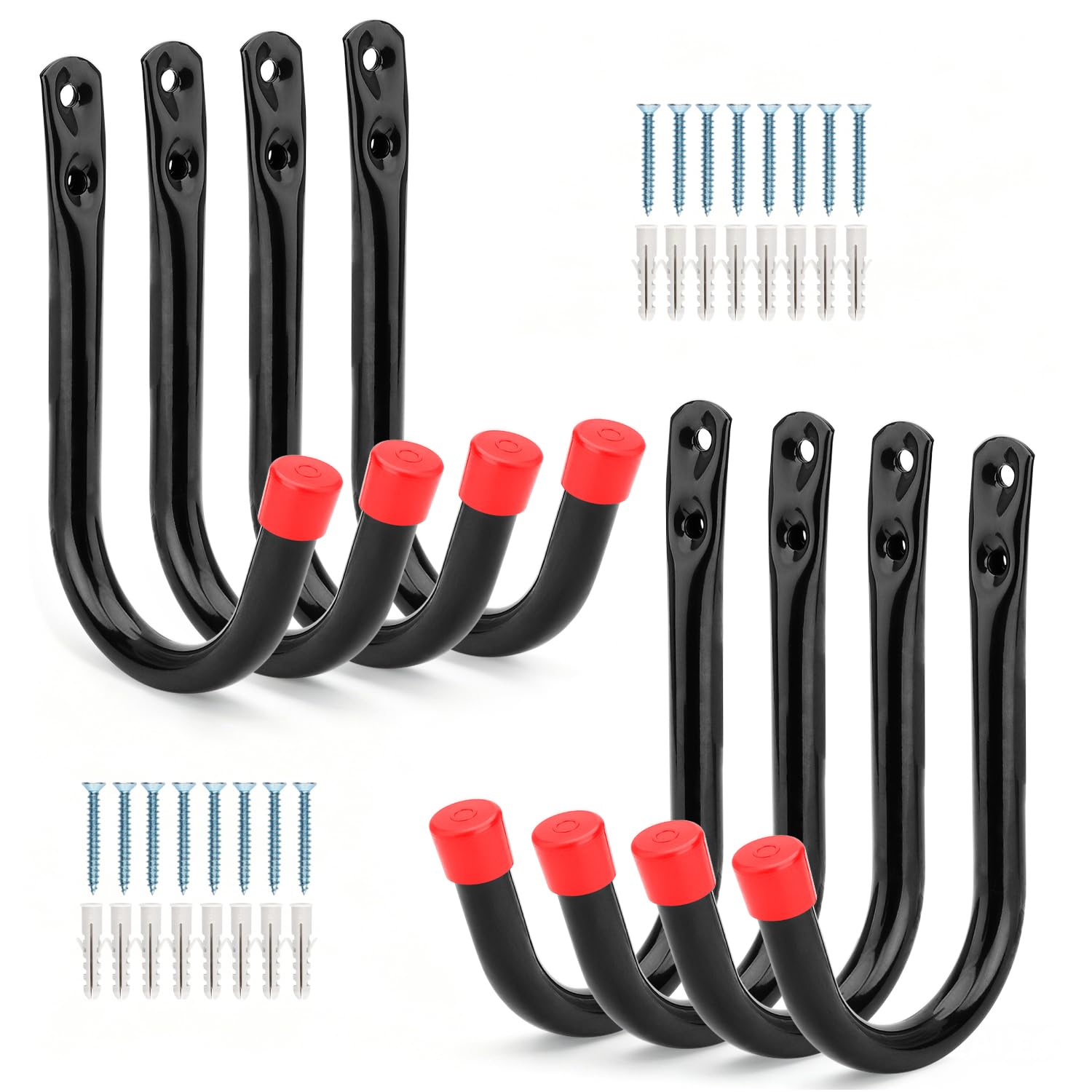 Moundnaik Black + Red Garage Storage J Hook, 8 Pcs Heavy Duty Wall Mounted Utility Hooks Organize Garden Tools, Gym Bags, Stroller, Toy, Power Tool (14Cm X 9Cm)