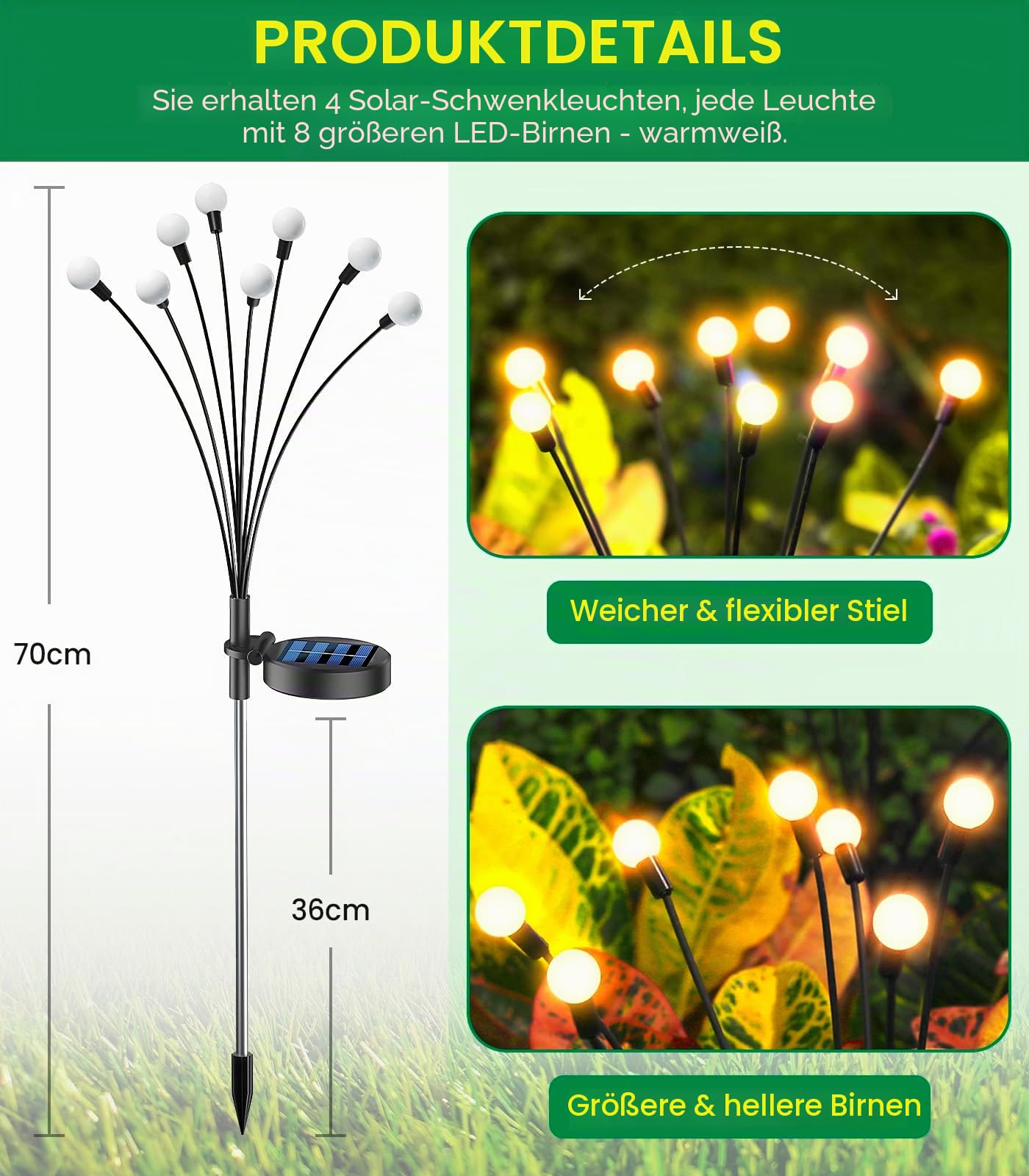 GEARLITE Firefly Solarlampen für Außen Garten 4 Stück, 32LED Superhelle 2 Lichtmodi Glühwürmchen Solarleuchten für Außen mit Warmweißem Licht IP65 Wasserdicht Schwingende Garten-Deko für Pathway Yard