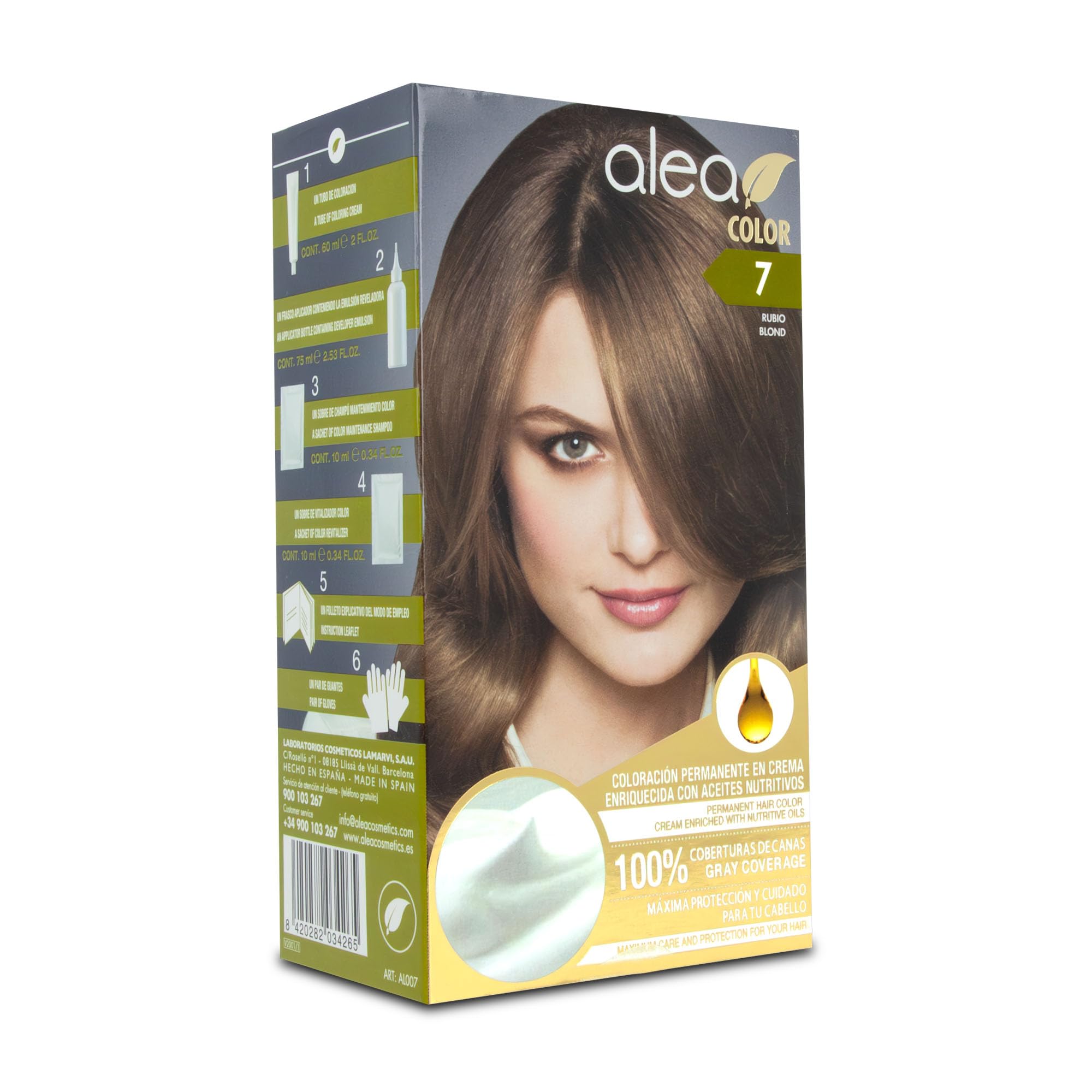 ALEA - Tinte Pelo Mujer - Alea Color - Nº 7 K - Color Rubio - Coloración Permanente en Crema - con Aceite de Argán y Macadamia - Cobertura de Canas - Máxima Protección y Cuidado