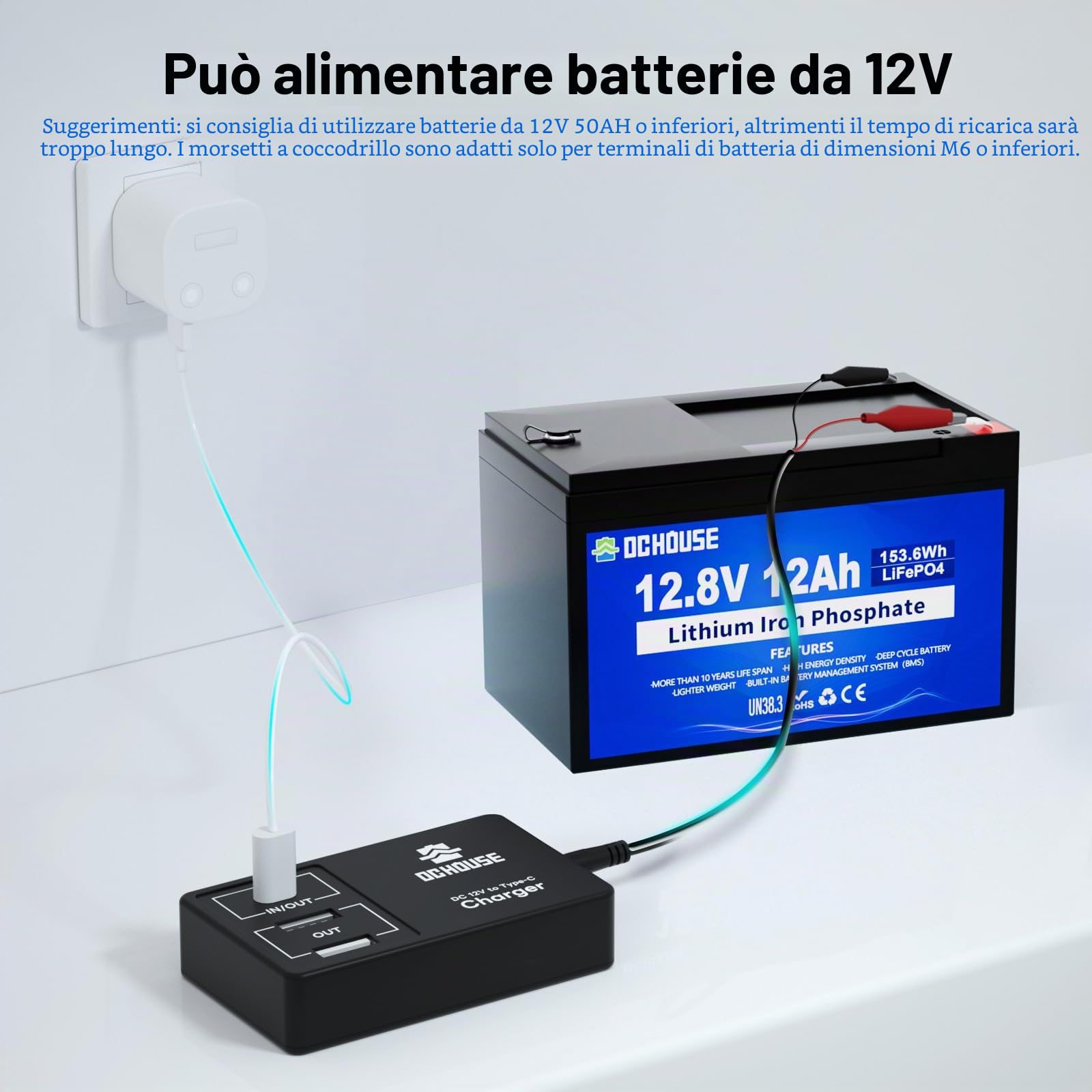 DCHOUSE Batteria Litio 12V 12Ah con Caricatore USB Multi-Porta 2 in 1 | BMS 15A Protezione, Convertitore 12V per Fish Finder, Campeggio, Radioamatori, Power Wheels, RV