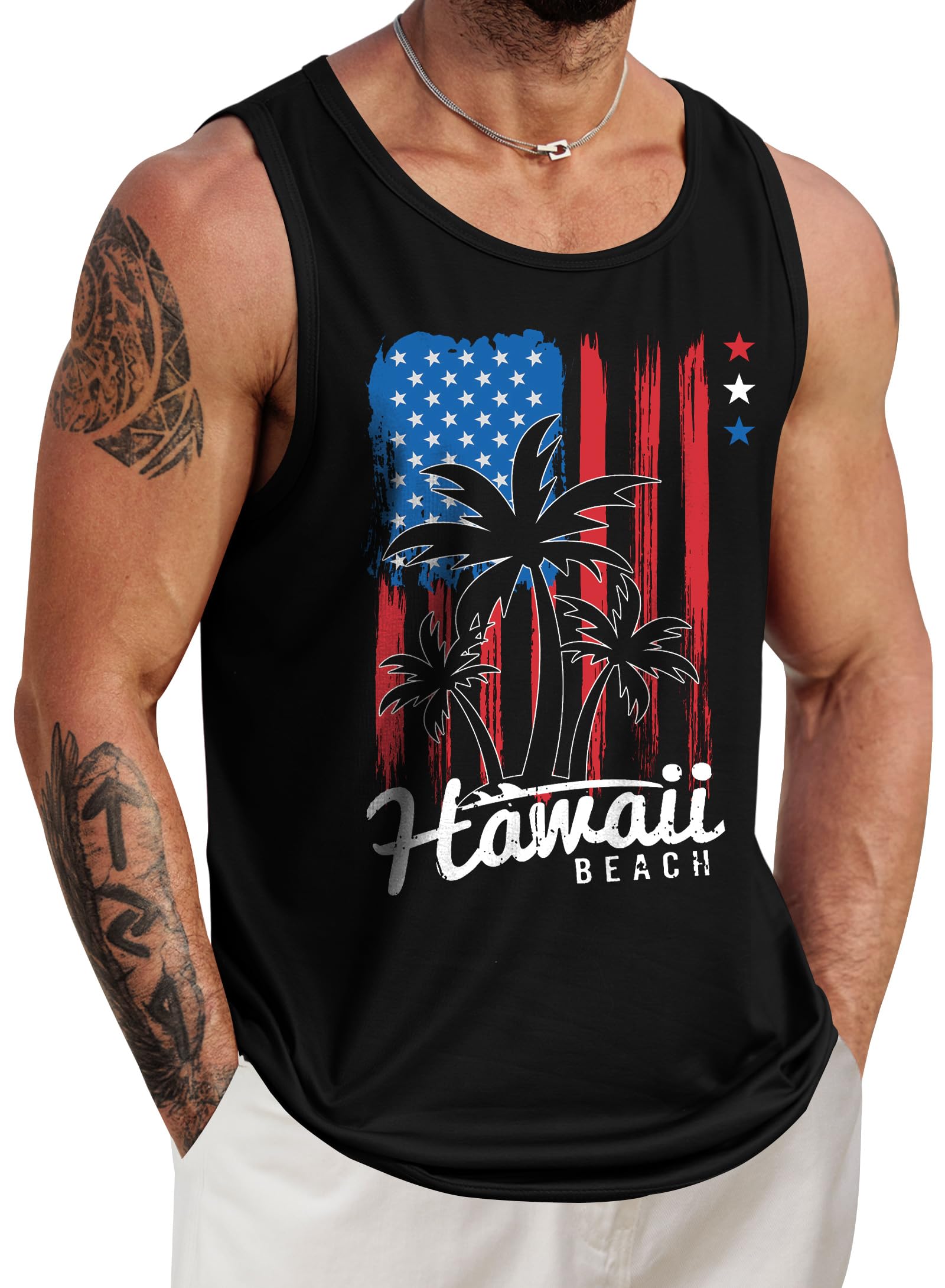 VOGSTART Mens Beach Tank Tops Summer Vacation Graphic Sleeveless Shirts