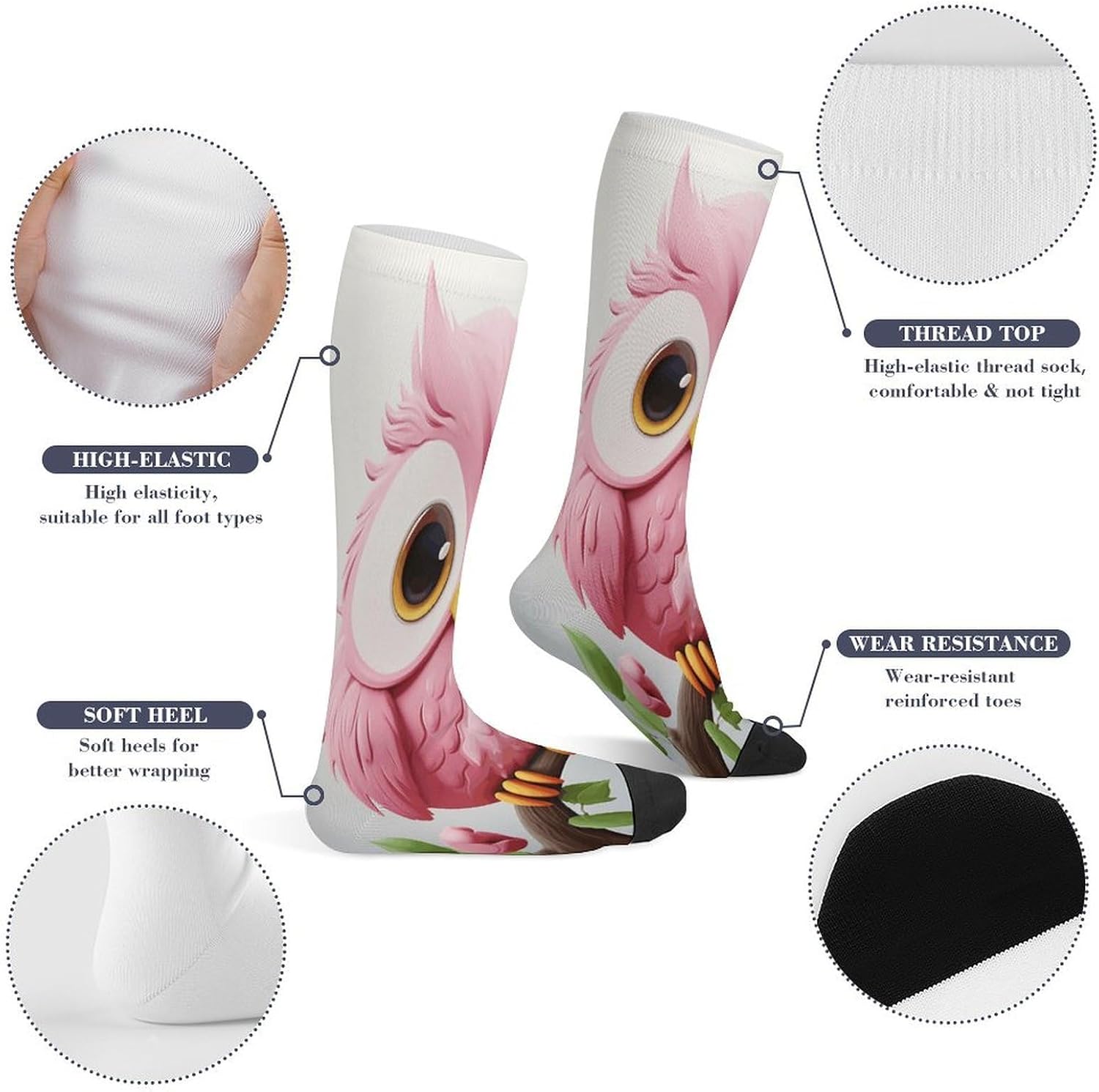 A Pink Owl Mid-Calf Socks Women Warm Knee High Socks Cozy Hiking Skiing Soft Boot Mid Calf Stocking Unisex