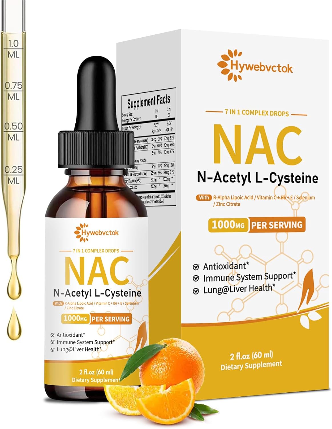 Liquid NAC Drops 1000 MG, NAC Supplement N-Acetyl Cysteine with R-Alpha Lipoic Acid,NAC for Kids & Adults, Immune & Antioxidant Support, Liver & Lung Health, Orange Flavor, 0 Sugar, 2FL OZ