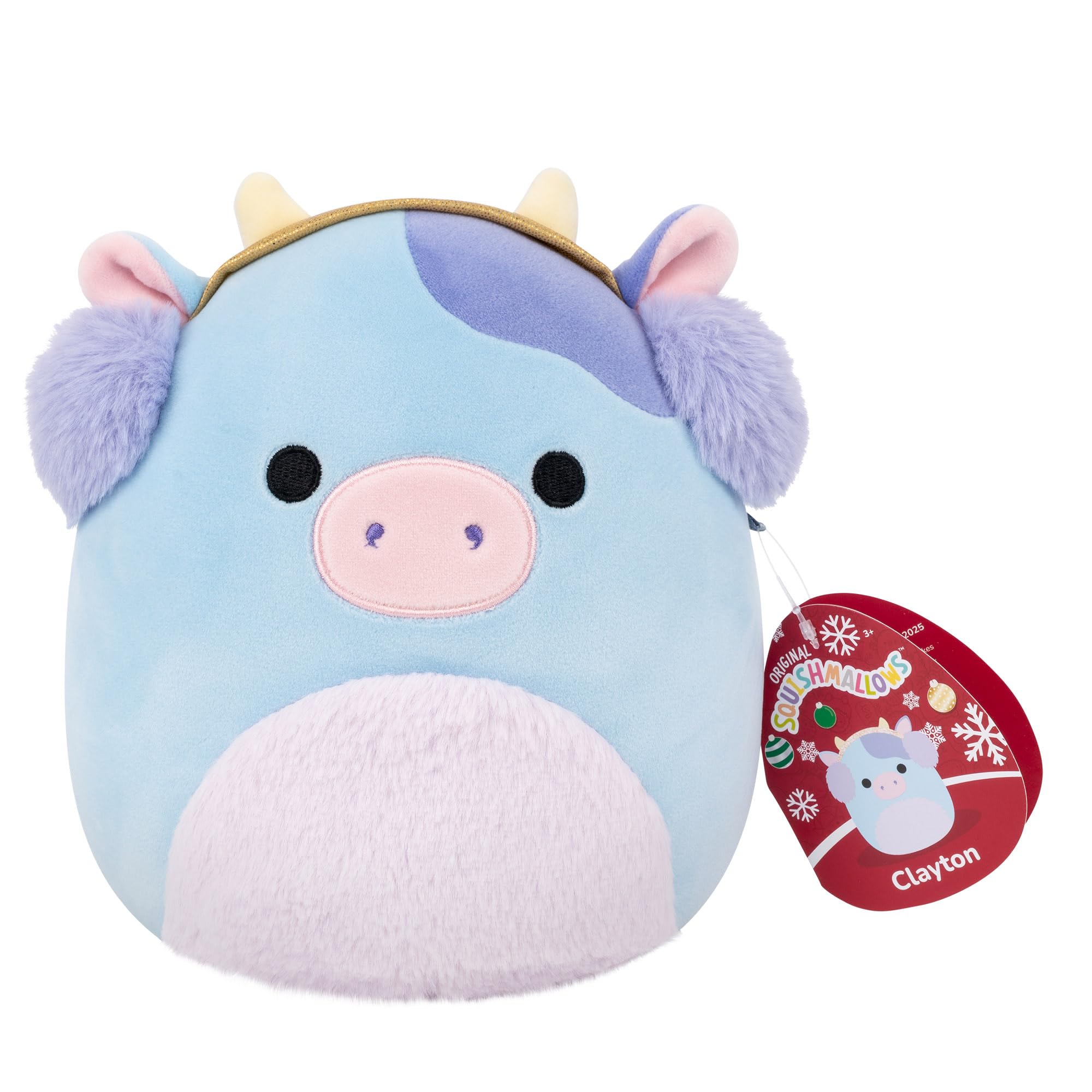 Squishmallows Original 7.5-Inch Clayton the Blue Cow with Earmuffs Holiday Plush | Collectable Cute Plush Toy, Cuddly Toys for Children, Soft Toys, Cute Teddies