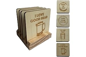 Funny Beer-Themed Rustic Wooden Coasters with Holder for Man Caves