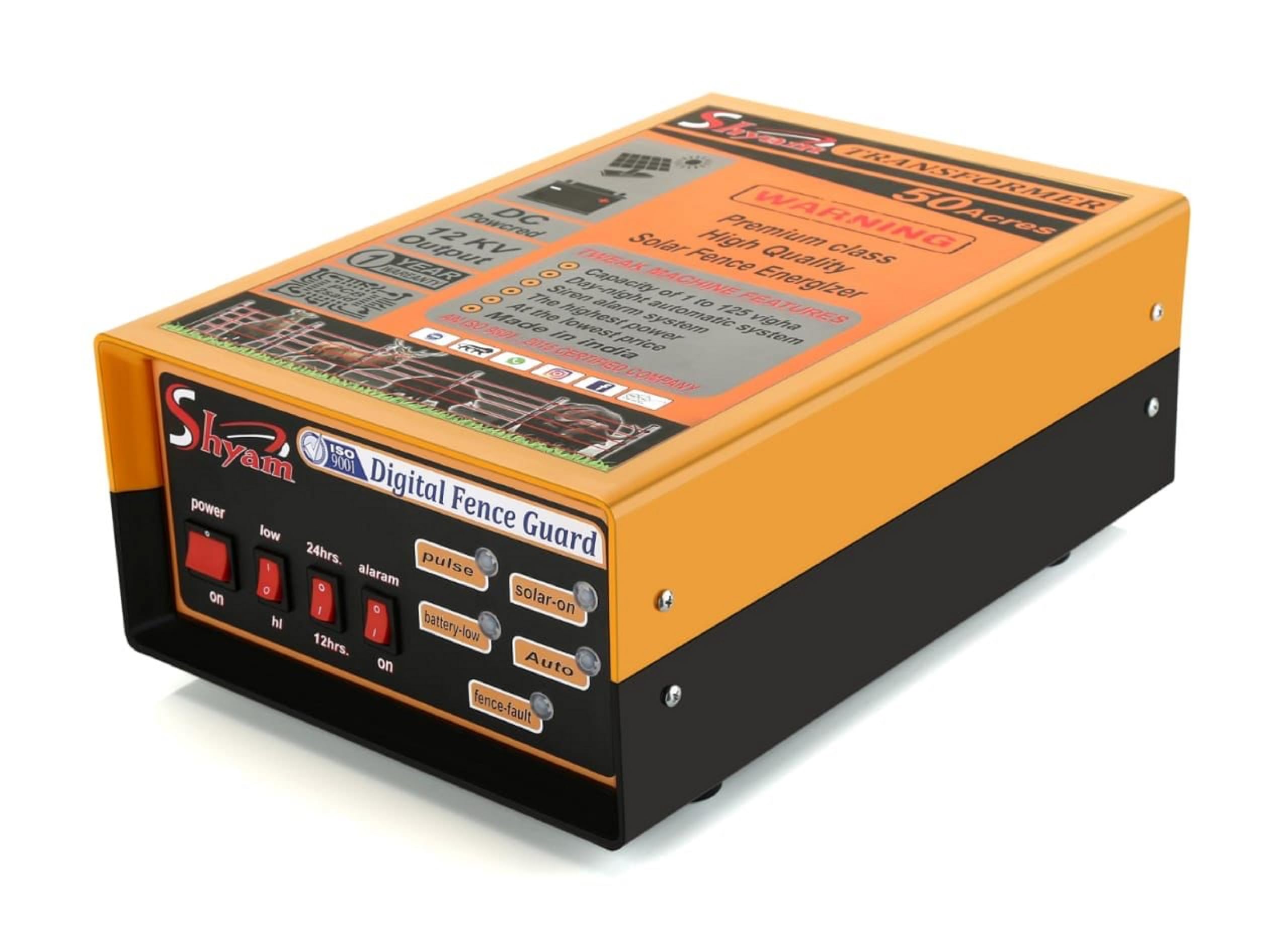 Shyam Transformer Zatka Machine Solar Fence Energizer (50 Acre Area Cover) “125 Vigha Cover” Zatka Machine for Agricultural Farms (Crop Protection System for Farm) (Orange)