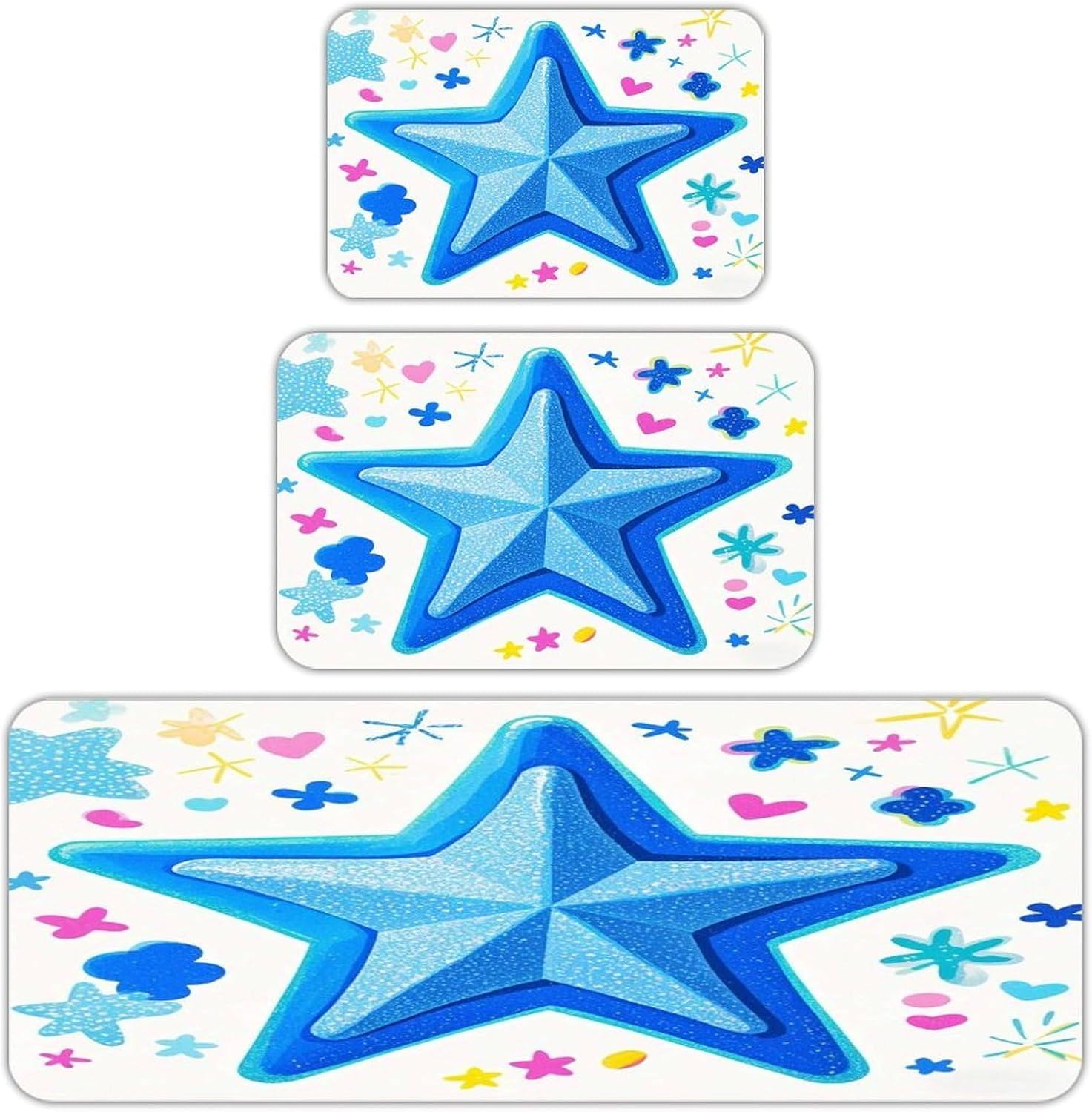 Cartoon Blue Star Kitchen Mats for Floor 3PCS Waterproof Low-Profile Kitchen Rugs Floor Mat Non Slip Anti Fatigue Mats Comfort Standing Mat Runner Rug Area Rug 6"x24"+20"x31"+17"x47"