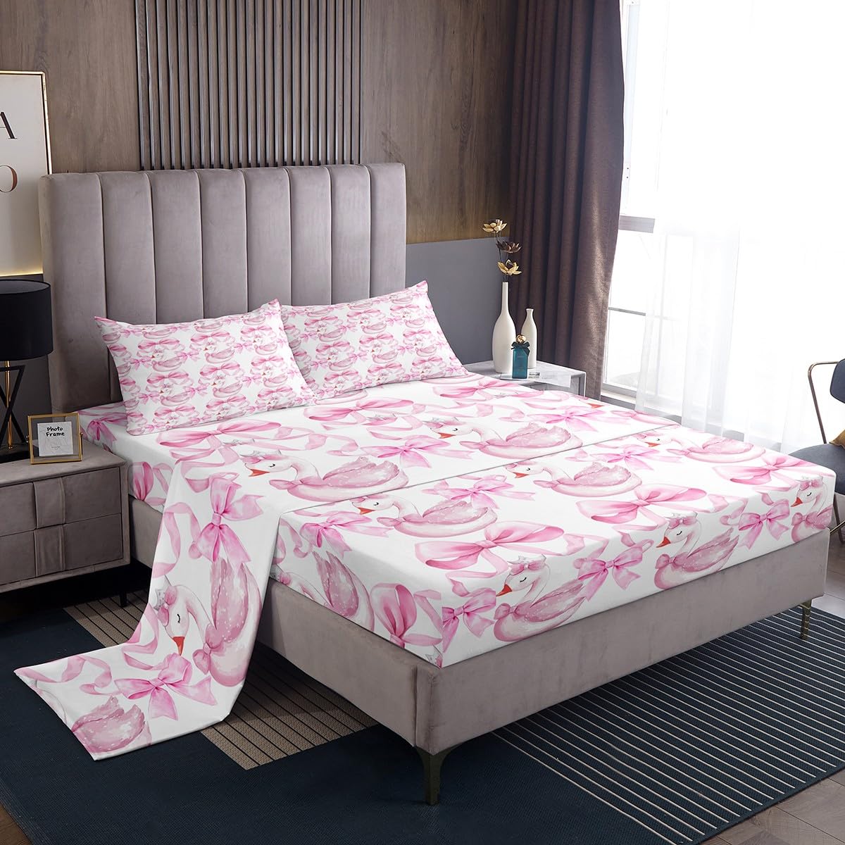 Homewish Juego de sábanas con lazo rosa para cama de matrimonio, diseño de cisne blanco kawaii | Ropa de cama con lazo de lazo, juego de sábanas de 4 piezas estilo princesa de ensueño