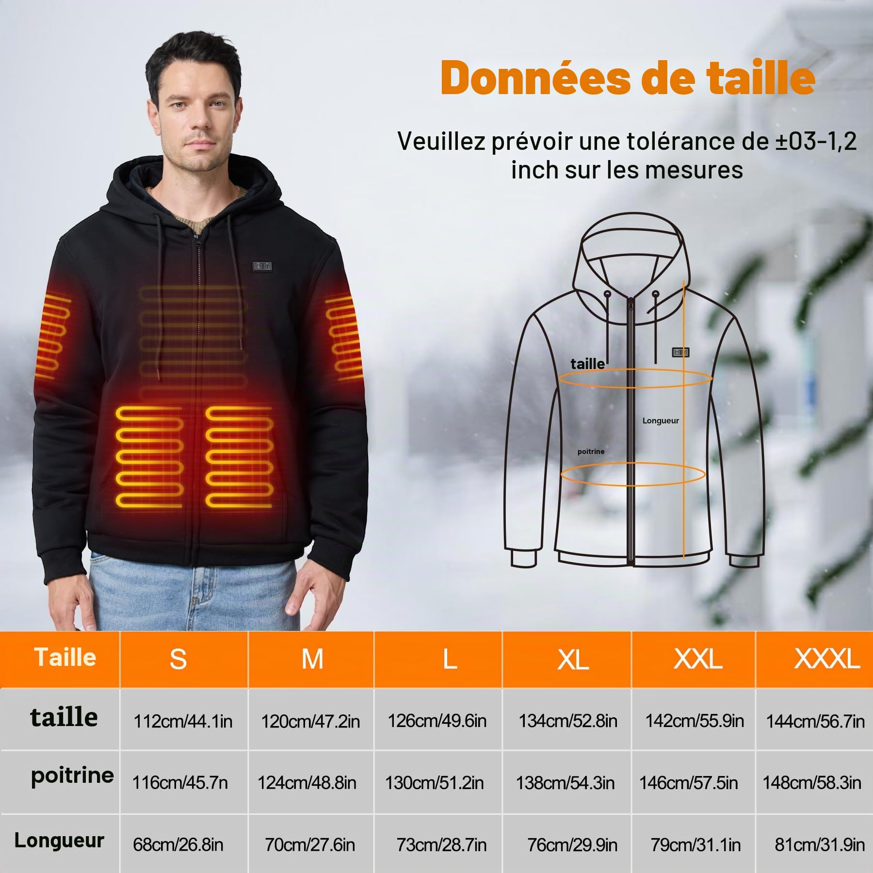 Sweat Chauffant Homme avec Batterie 7,4 V 16000 mAh Manteau Chauffant Homme Pull Chauffant Vetement Chauffant avec 3 Niveaux de Température