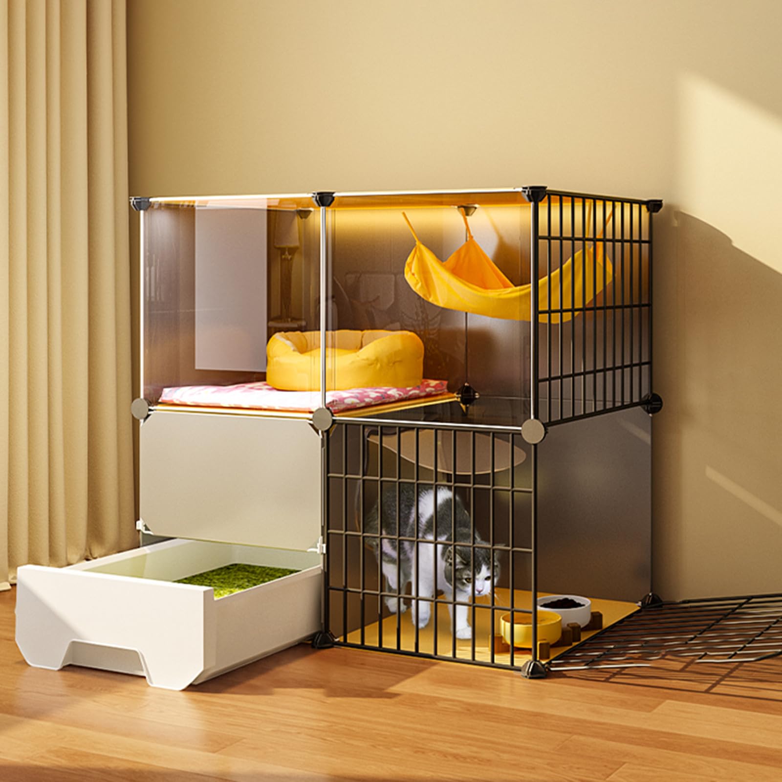 Cat Cage for Indoor Cats with Litter Box - Ideal for Indoor and Outdoor Use - Kitten Cage, Enclosed Design for Safety and Comfort， 75 * 49 * 73cm