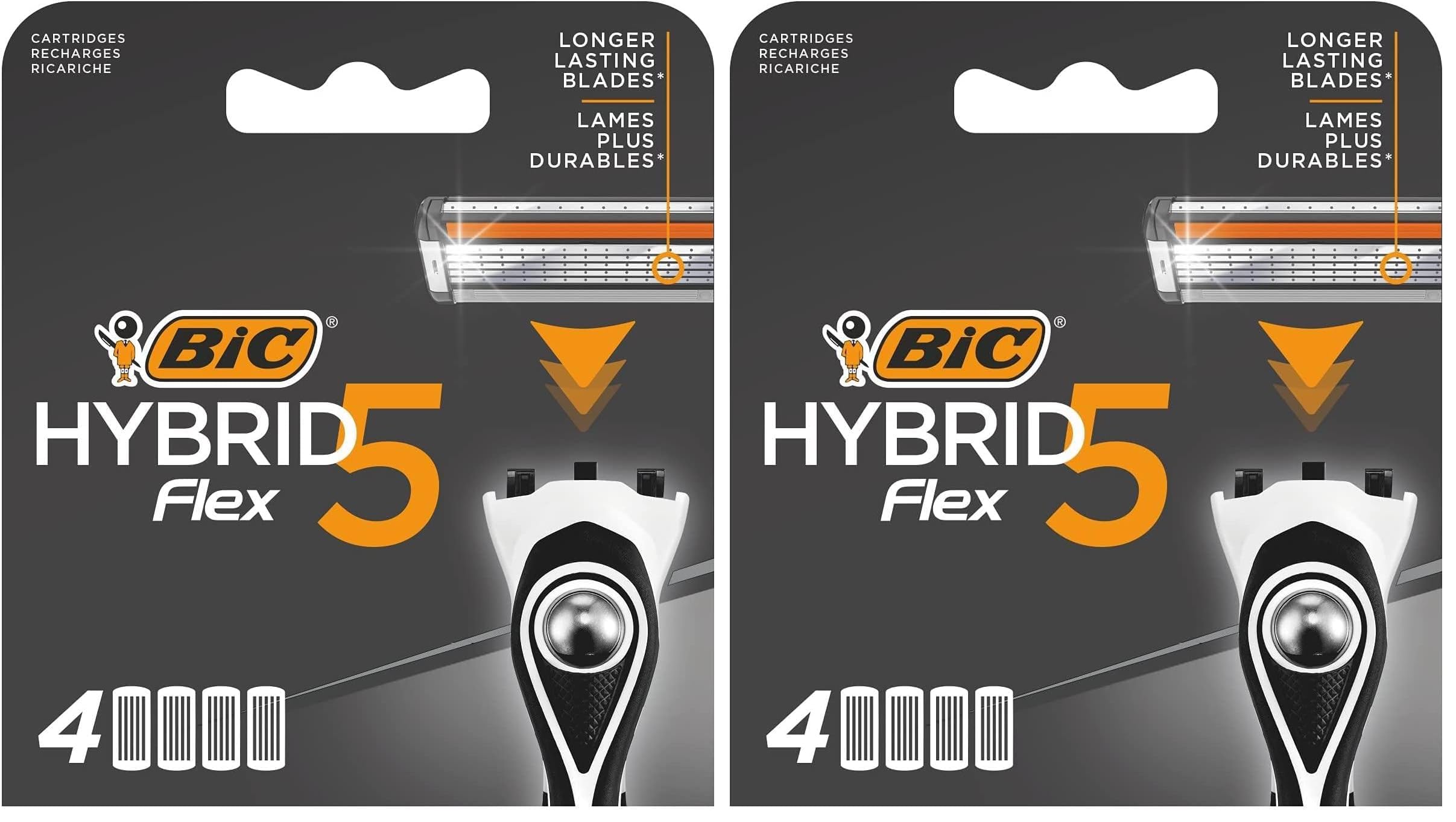 BIC Hybrid 5 Flex 4'lü Yedek Tıraş Bıçağı Kartuşu (5 Bıçak), 5 Nano Teknolojik Titanyum Bıçak, E Vitamini ile Zenginleştirilmiş Geniş Kayganlaştırıcı Bant (2 paketi)