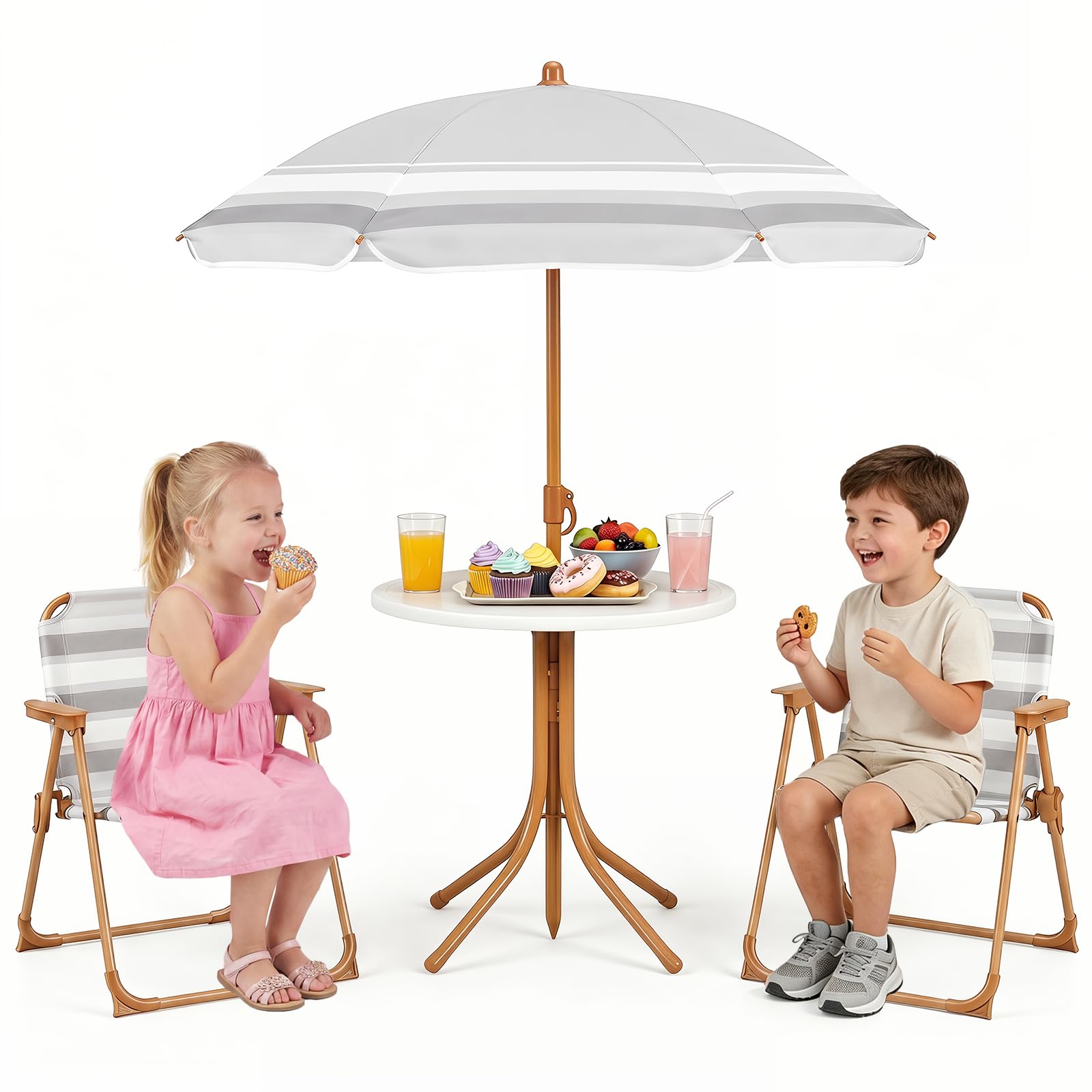 COSTWAY Kindersitzgruppe mit höhenverstellbarem Sonnenschirm, 4 TLG. Kindersitzgarnitur mit Tisch & 2 Klappstühlen, Kinder Picknicktisch Outdoor, Kinder Gartenmöbel für Terrasse, Strand (Natur)