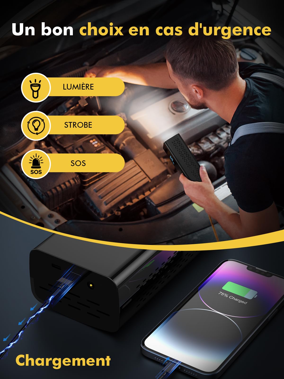 DIHOOM Compresseur à Air Portatif 45L/Min avec Batterie 6000mAh | Gonfleur Pneus Voiture Rapide, Support Banque d'Énergie, Éclairage LED - 4 Modes - Idéal pour Voitures, Vélos, Motos, Ballons