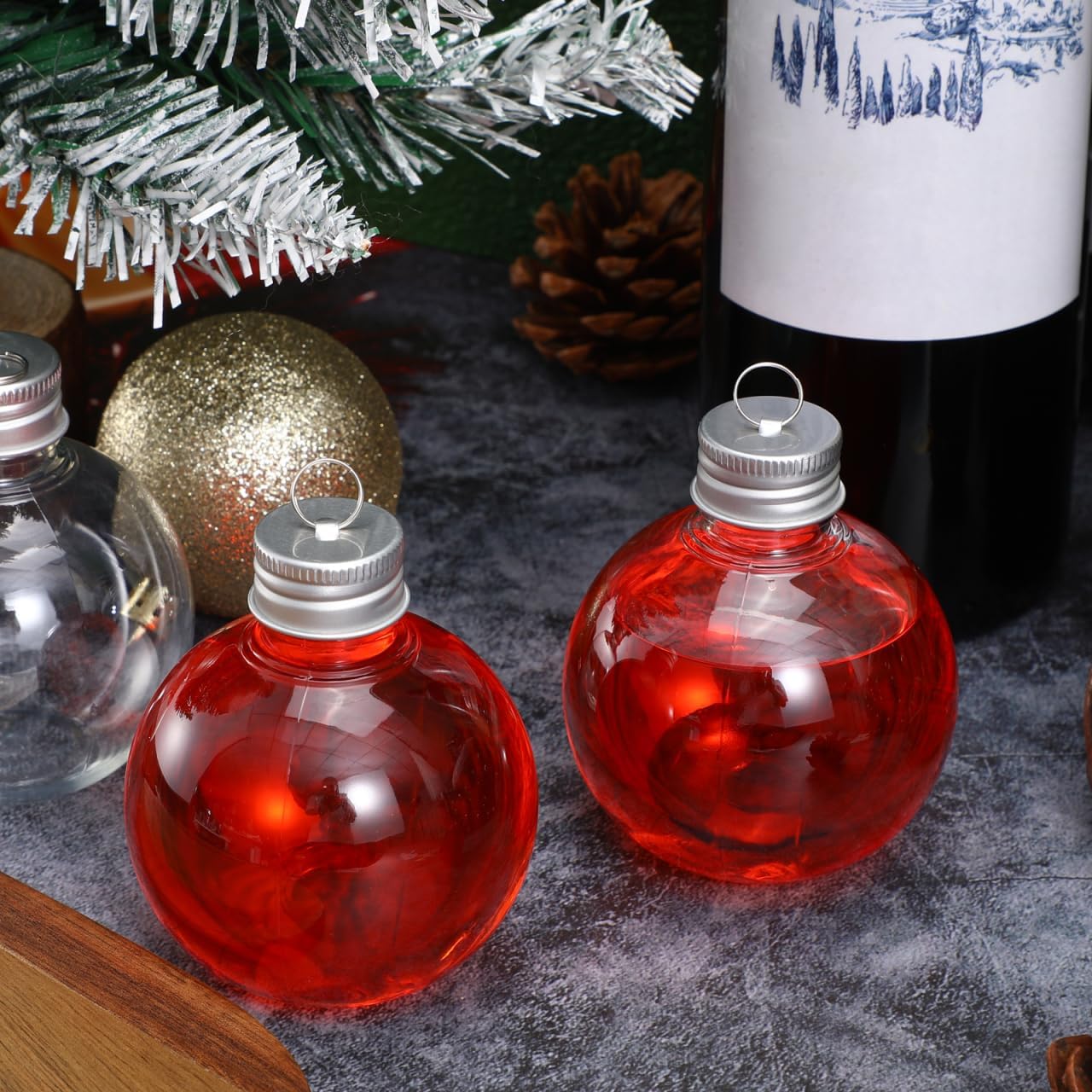 Tofficu 10pcs Christmas Fillable Bottle Ornaments, 150ML Clear Bulbs Potion Bottles, Plastic Empty Balls for Juice Milk Beverage Candy Party Crafts Xmas Tree Hanging Sliver