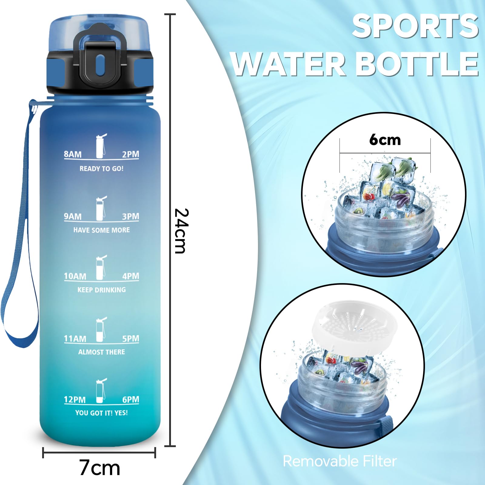 Borraccia, Borraccia 0,5 litri, Borraccia Senza Perdite, Borraccia Motivazionale, Facile da Trasportare, Borraccia Con Orari per Bere, Facile da Pulire, per Yoga, Corsa, Scuola, Ufficio , Campeggio