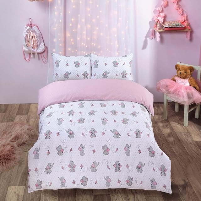 Dreamscene Ellie Elephant Duvet Cover with Pillowcase Reversible Bedding Set Butterfly Polk-a-Dot-Single, Blush Pink Grey White