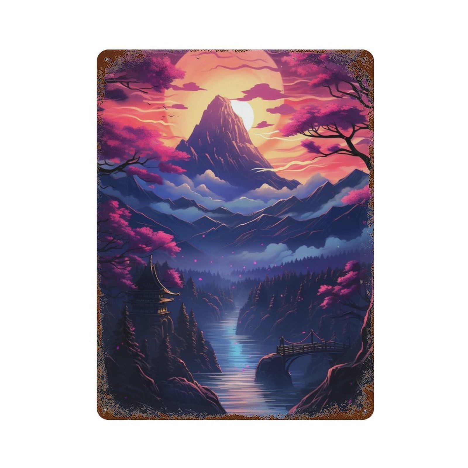 Serene Mountain Sunset Landscape Aged Metal Wall Plaque 15.7"x11.8", for Shed, Workshop And Garage Wall Decor, Old School Wall Decor
