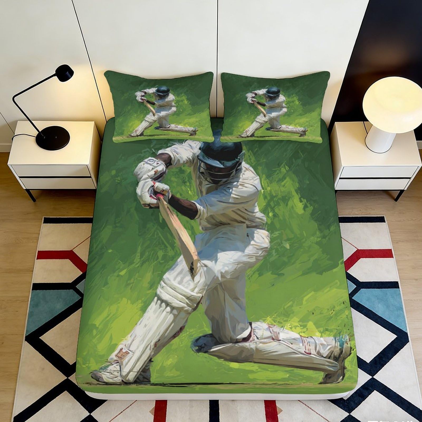 3D Printed Cricket Player Fitted Sheet Microfiber Soft Green Sports Bed Cover for Bedroom Guest Room Dorm Decor 90x200x25cm