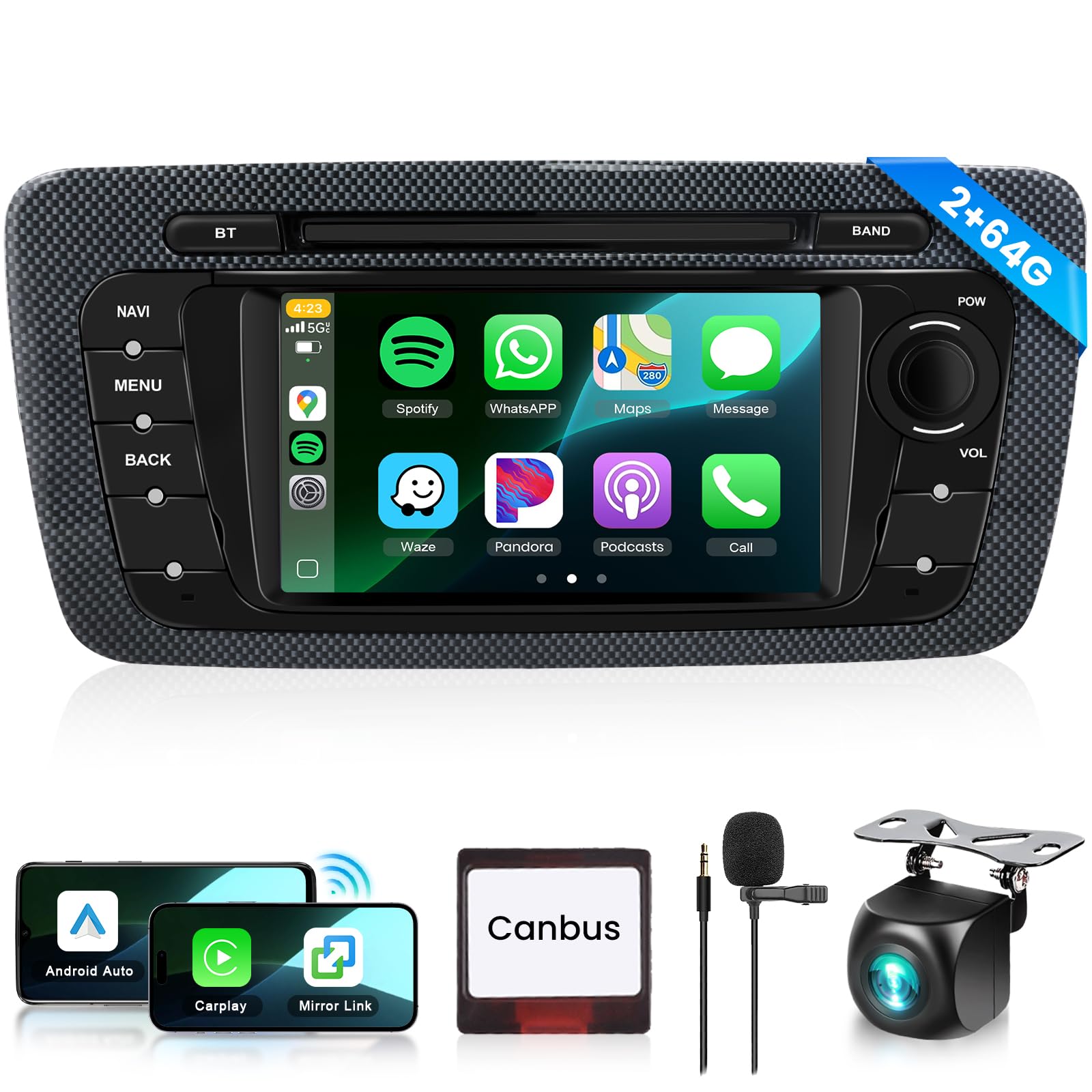 Radio de Coche 2G+64G para Seat Ibiza 2009-2013, Podofo 6.2 Pulgadas Pantalla táctil Android 13.0 Radio con Carplay inalámbrico Android Auto EQ BT GPS Mirror FM RDS USB Cámara de Marcha atrás