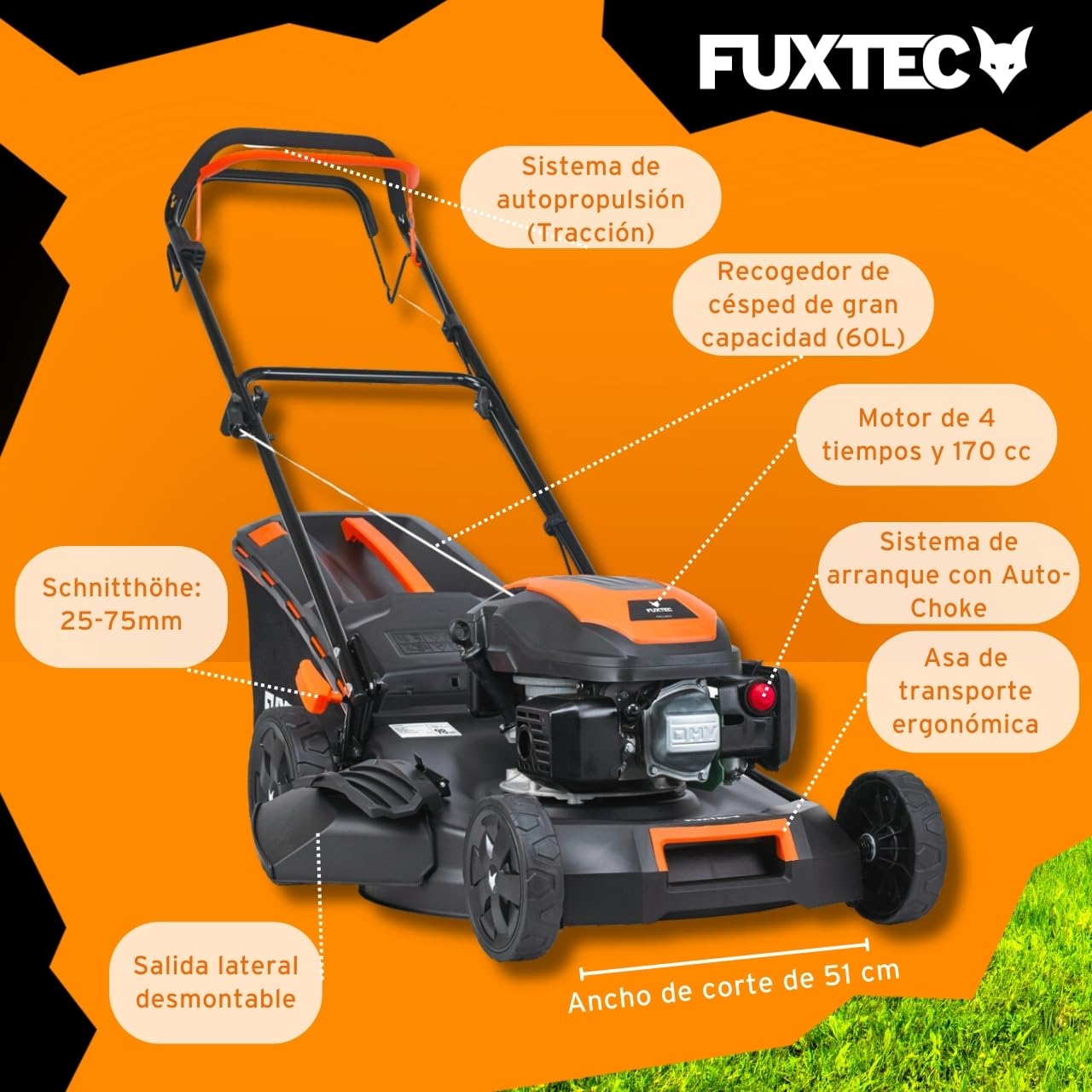 Cortacésped autopulsado de Gasolina FUXTEC FX-RM5170 4 en 1-170 cm³ 4 CV, 4 Tiempo, 51 cm de Ancho de Corte con regulación en 7 Alturas y 60 L de depósito, Funciones Mulching y Eje Lateral