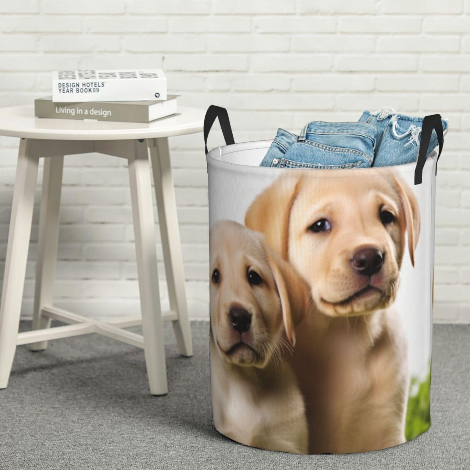 Fodpand Black Funny Labrador Puppy Dog Laundry Basket With Handle, Freestanding Laundry Hamper, Collapsible Dirty Clothes Hamper, Waterproof Fabric Blanket Storage Basket Tall Toy Storage Bin Room Decor Medium