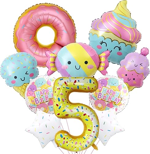 10 globos de helado, dona de helado, caramelo, número de cumpleaños, globo de papel de aluminio de mylar, tema de helado, suministros de fiesta de 5