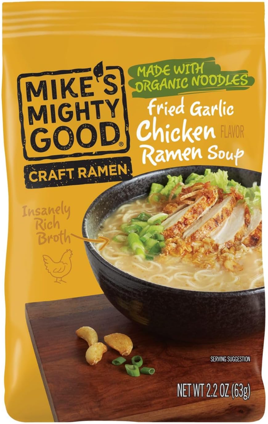 Mikeโs Mighty Good Fried Garlic Chicken Soup โ Meat Ramen with Organic Noodles โ Fried Garlic Chicken Flavor โ Instant, Quick Meal โ Protein Ramen โ Healthy Noodle Pack with Rich Broth โ 7-Pack 2.2oz Each