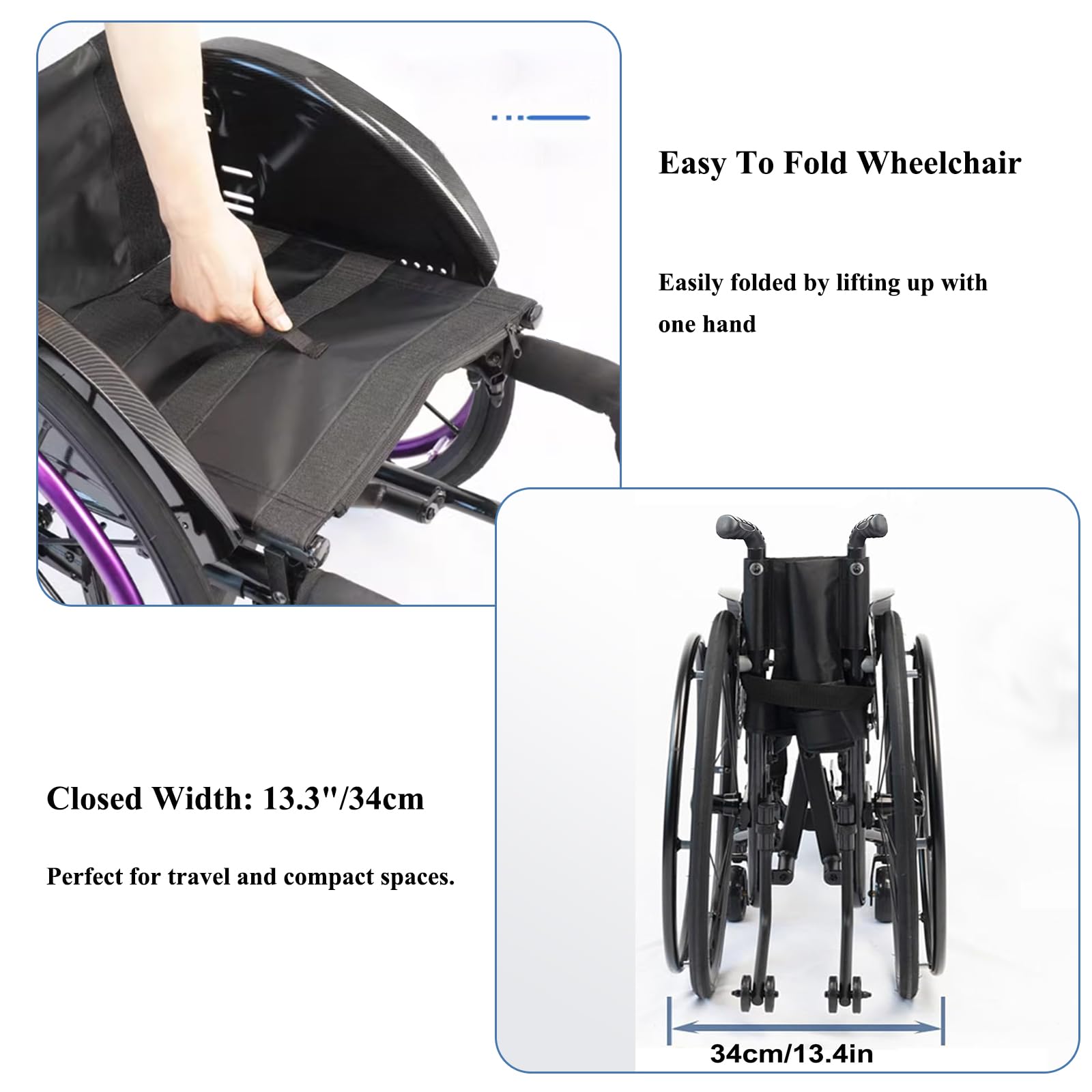 Silla de Ruedas Plegable Ultraligera, Silla de Ruedas para Transporte Deportivo, Silla Manual autopropulsada con Sistema antivuelco (tamaño: Ancho del Asiento de 14,1", Color: Azul)