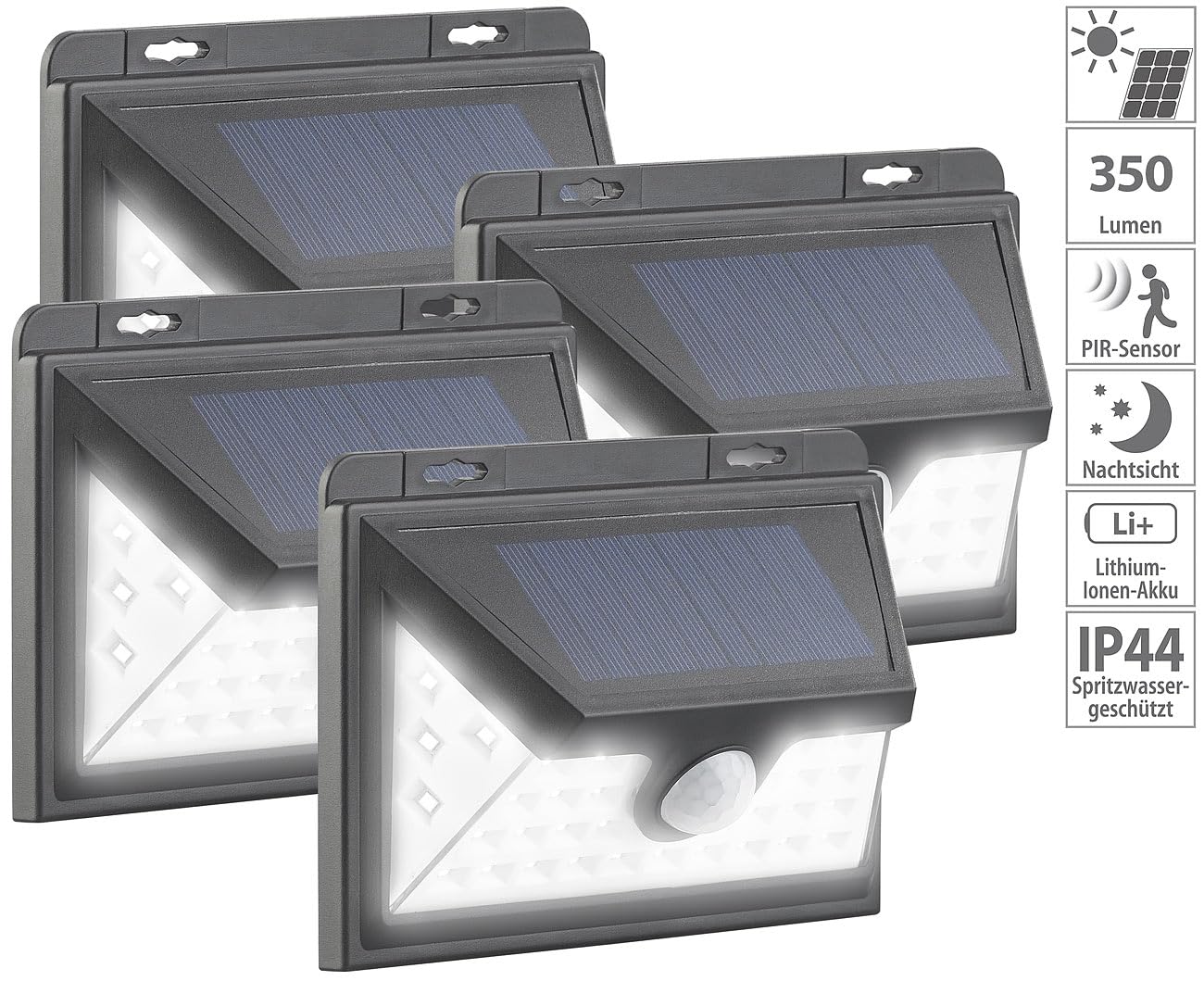 Luminea lámpara solar exterior: Lámparas de pared LED solares, Función de luz nocturna, Sensor de movimiento (lámparas, LED con sensor movimiento, jardín)