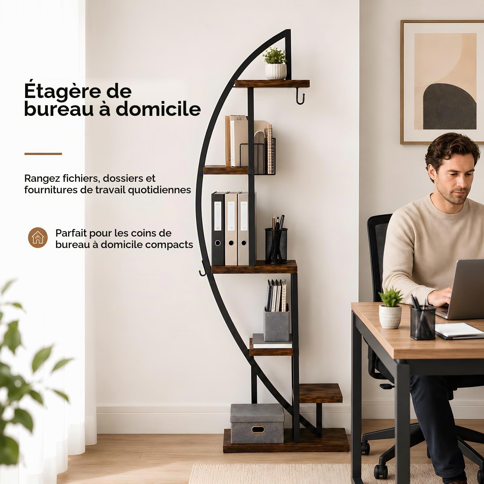 Étagère d'angle Industrielle avec Lumière LED Plantes – Meuble d'angle Gain de Place Étroit, Bibliothèque Demi-Lune Bois et Métal pour Coin Salon, Entrée ou Chambre, Hauteur 160 cm