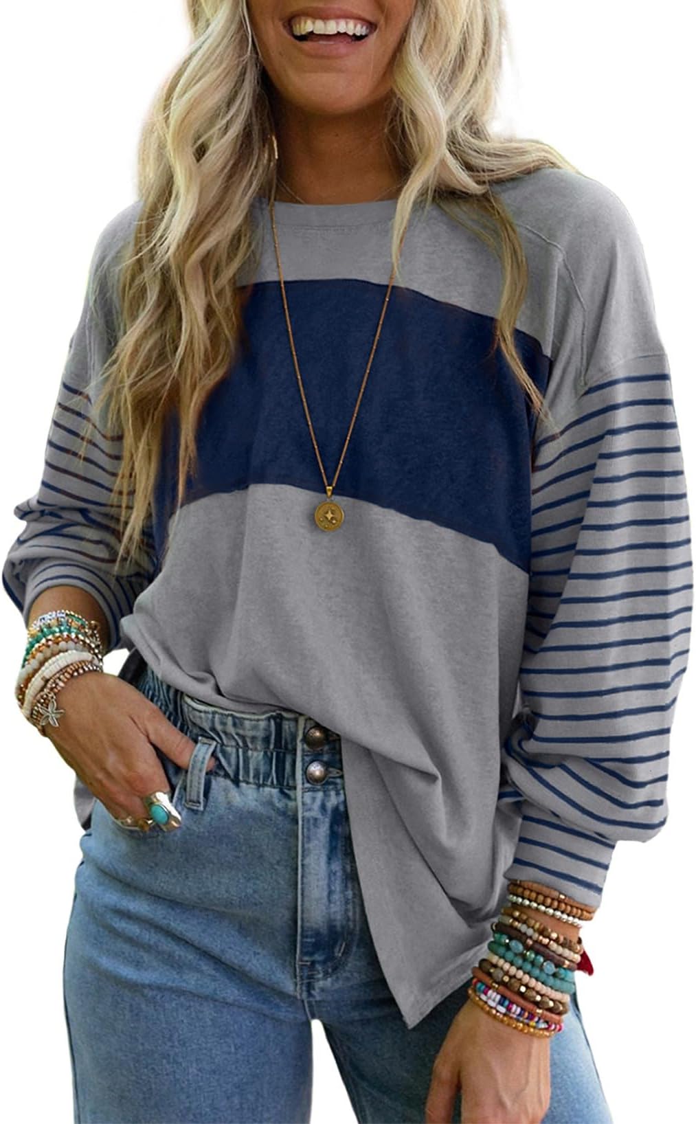 Dokotoo Long Sleeve Tops Oversized 2026 Trendy Round Crew Neck Casual Color Block Womens Shirts Blouses