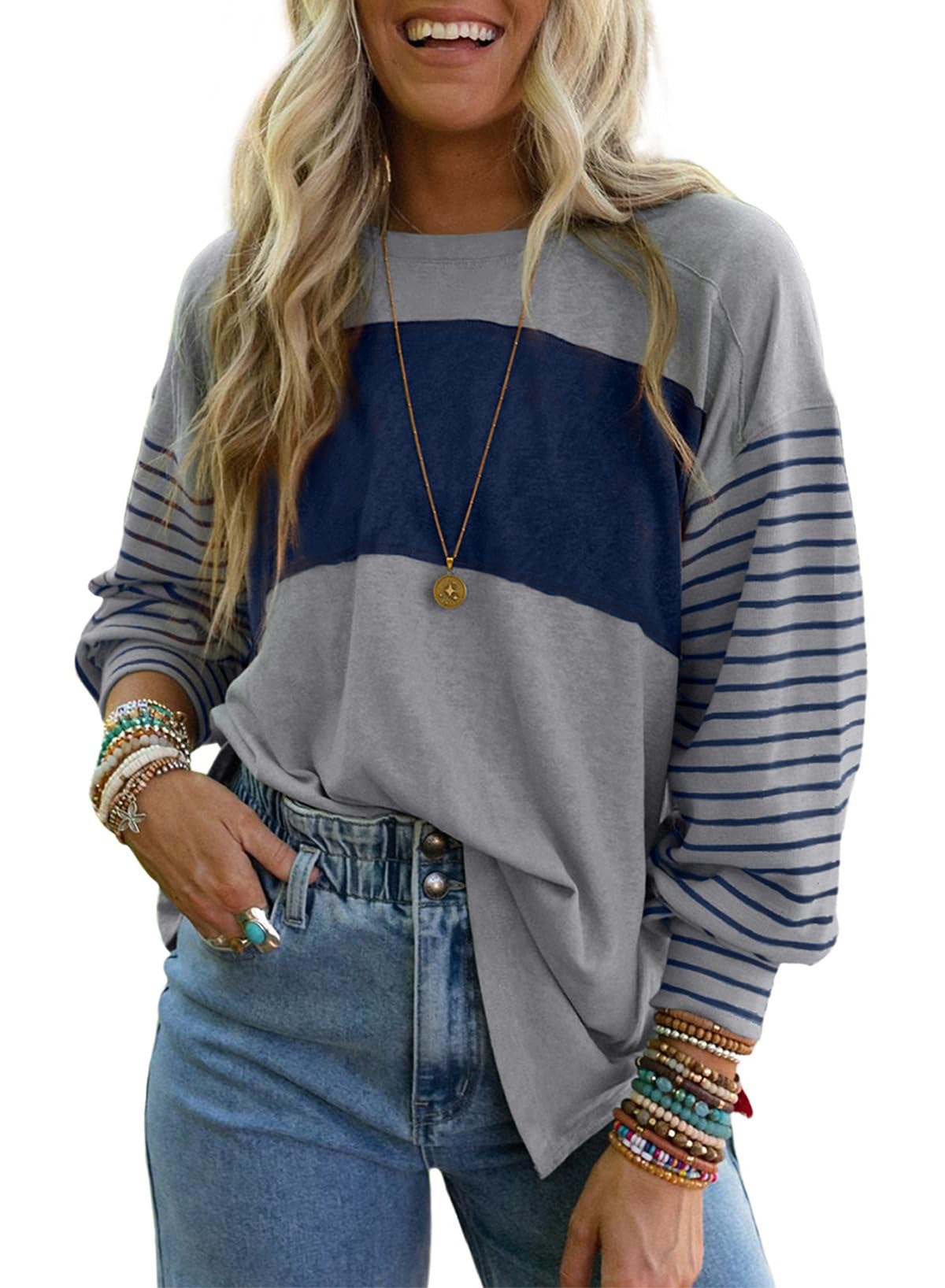 Long Sleeve Tops Oversized 2025 Trendy Round Crew Neck Casual Color Block Womens Shirts Blouses