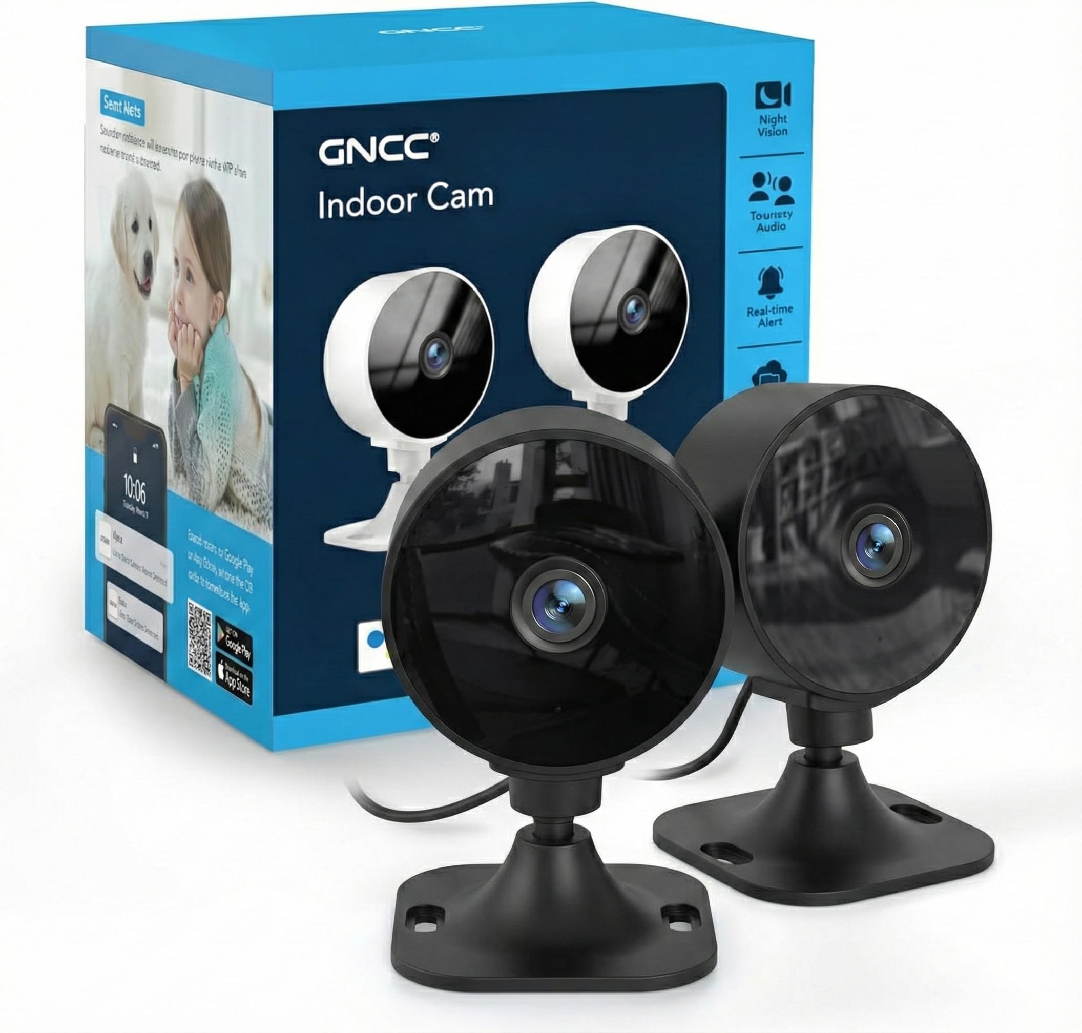 GNCC GC3 Pack 2 Fixed Indoor WiFi Surveillance Cameras 1080P, Black | Motion Detection,Two-Way Audio,Night Vision,Cloud Storage/SD Card,Easy Installation,RTSP/ONVIF