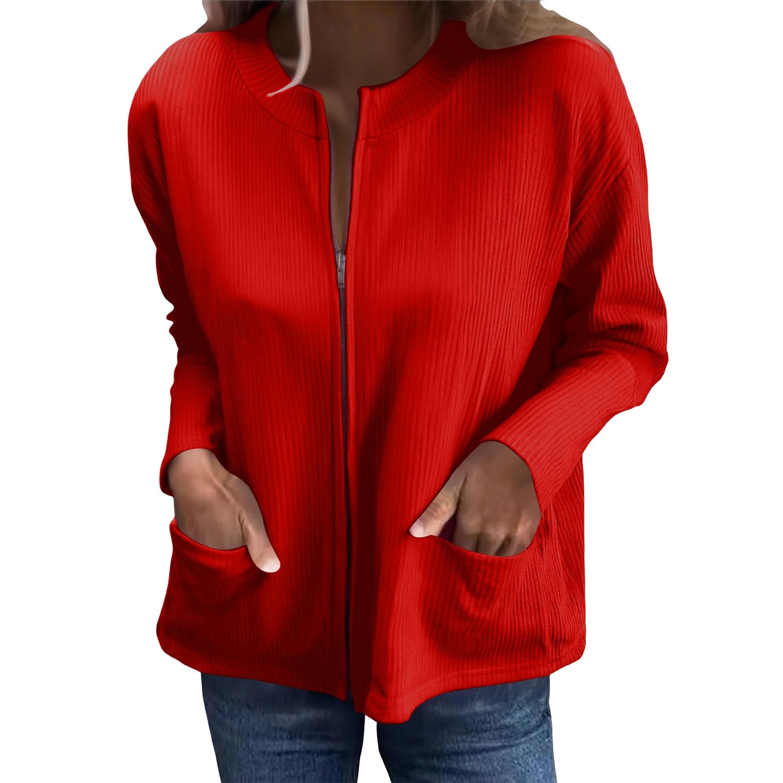 Womens Fall Winter Cardigan Sweaters Casual Zip Up Knitted Long Sleeve Crew Neck Fashion Jackets with Pockets