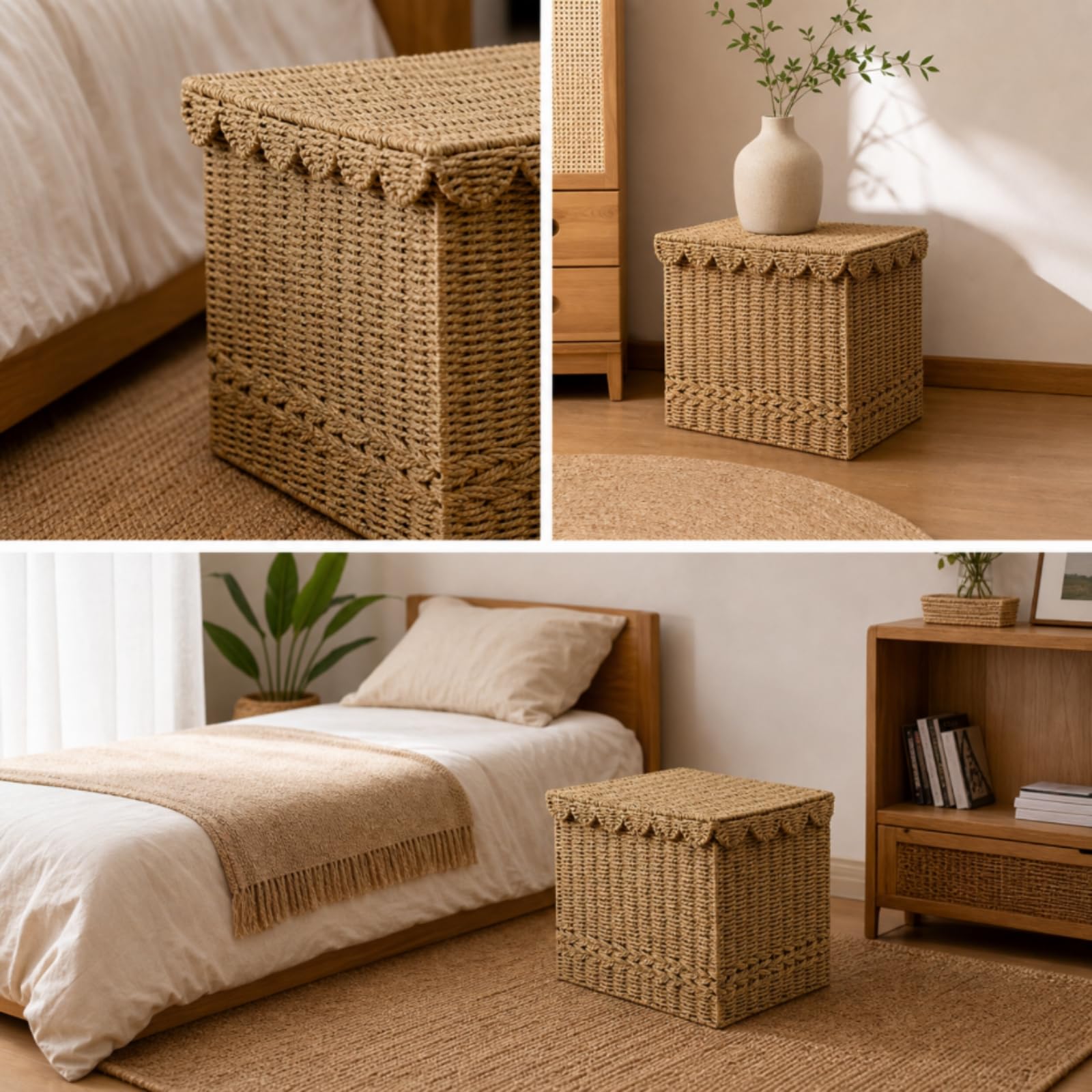 Baoblaze Cesto Portabiancheria Cesta Contenitore Paniere con Coperchio in Corda Intrecciata con Pizzo E Fodera Interna Adatto Cameretta 42cmx40cmx35cm