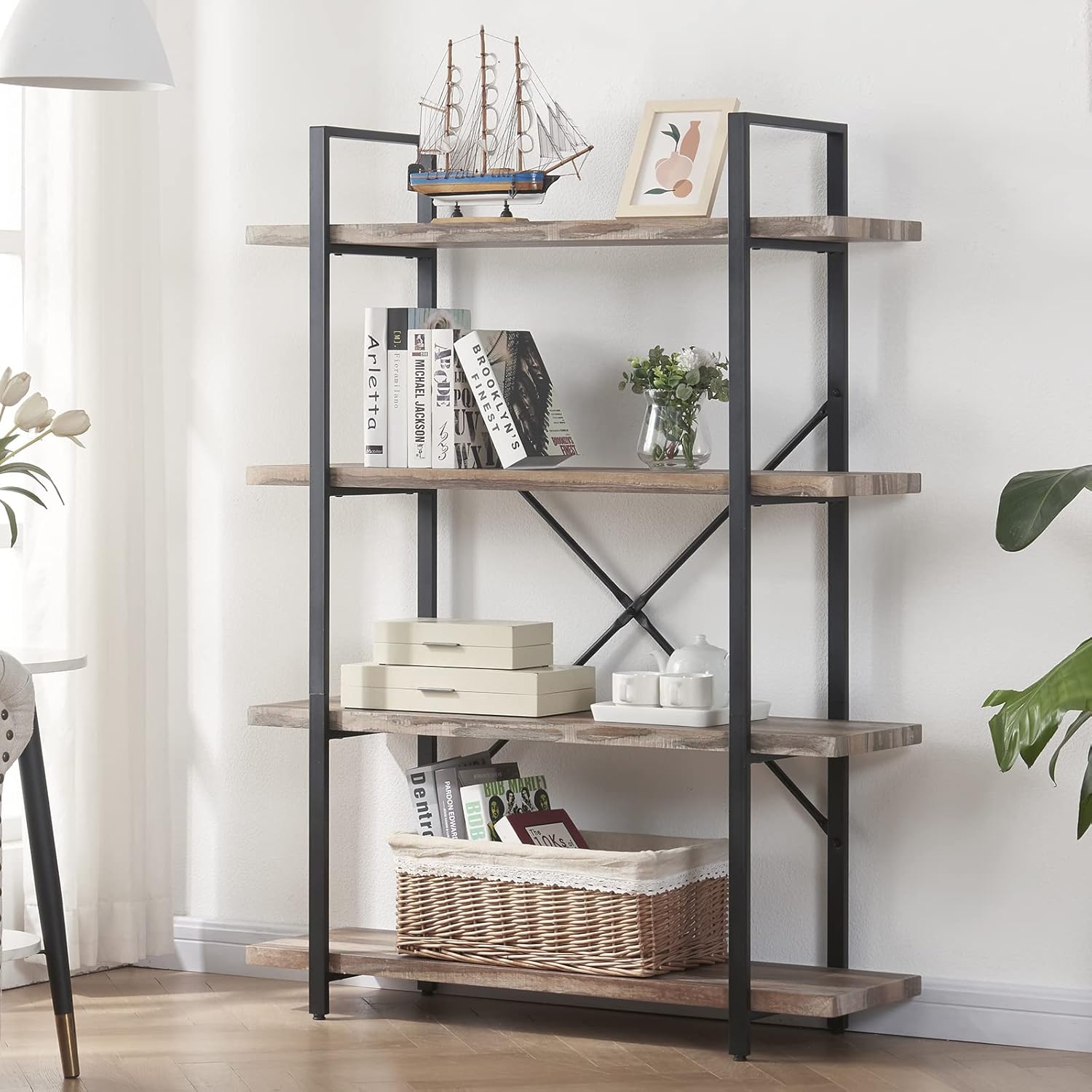 HOMISSUE 4Tier Bookshelf，Vintage Industrial Book Shelf, Rustic Wood and Metal