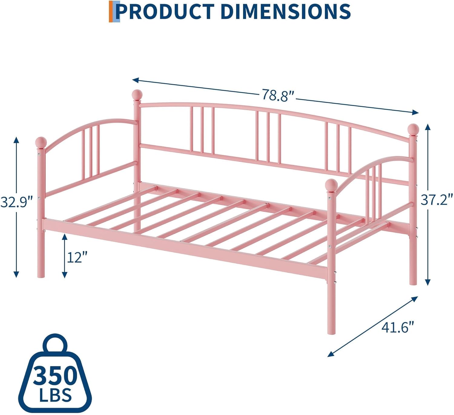 Garvee Twin Metal Daybed, Metal Sofa Bed Frame with Arched Headboard, Guest Sofa Bed with Steel Slat Support, No Box Spring Required, Easy Assembly, Pink