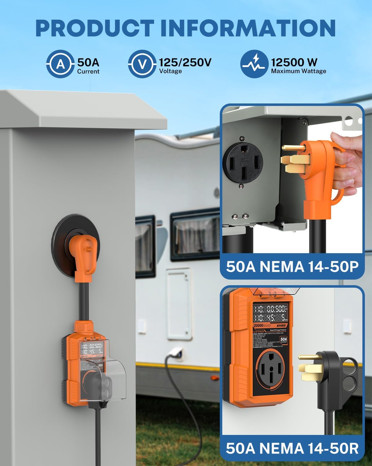 Kohree RV Surge Protector 50 Amp, Power Surge Voltage Protection 20000J | Auto Shut Off, LED Large Screen Real-Time Circuit Analyzer, Waterproof, Camping Accessories for Camper Trailers , 50A Orange 6 71UqS3Du0mL. AC SL1500