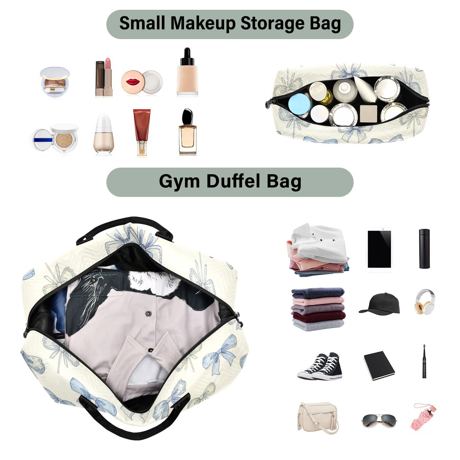 Reisetaschen-Set, 2-teilig, durchgehende Reißverschlussfächer, praktisch für Reisen, Bow Bluevbossed, One Size, Klassisch