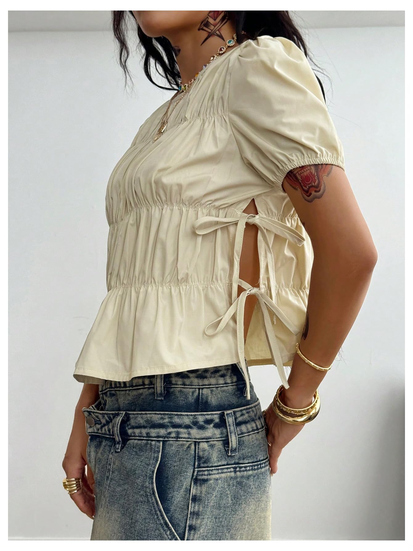 Floerns Women's Y2k Puff Sleeve Blouse Tie Side Ruffle Hem Concert Outfit Shirts