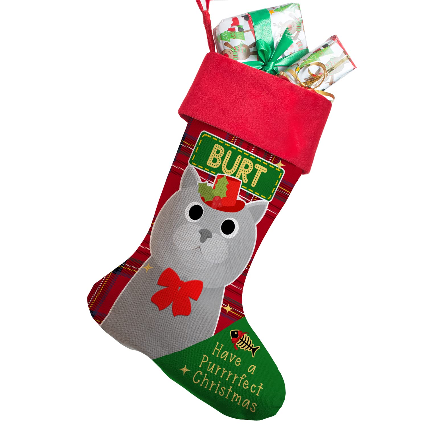 KRAFTYGIFTS Personalised Cat Stocking Christmas Kitten Hanging Xmas Santa Boot Present Pet Treat Bag Grey Cats SC06