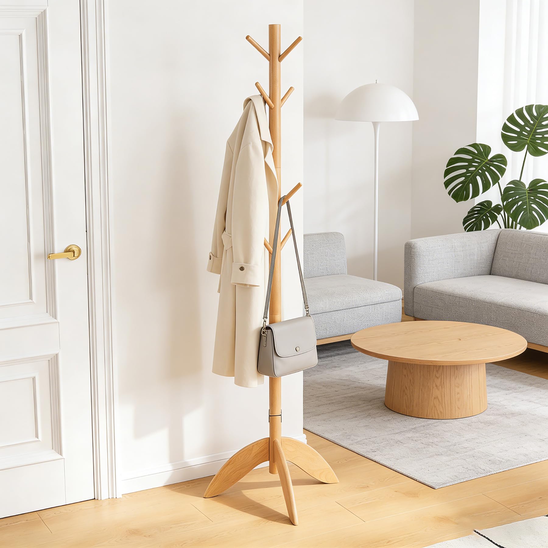 Perchero Independiente De Madera Maciza Incluye Bandeja Y Ganchos Perchero Compacto para Espacios Pequeños Árbol De Recibidor Multifuncional De 178Cm De Altura para Salone,Natural Wood,B