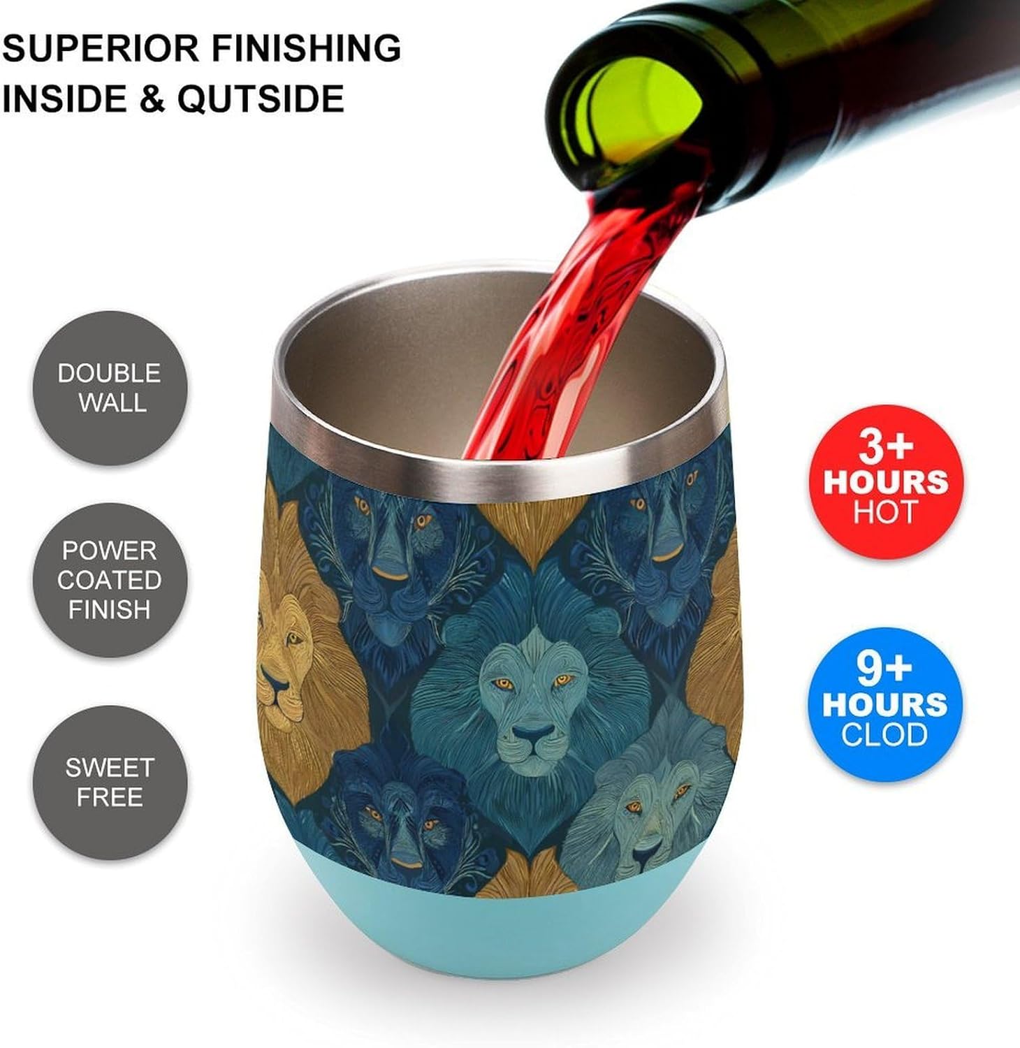 Lion Faces Luxury Art Insulated Drinking Cup Stainless Steel Coffee Mug Wine Tumbler with Lid 12OZ