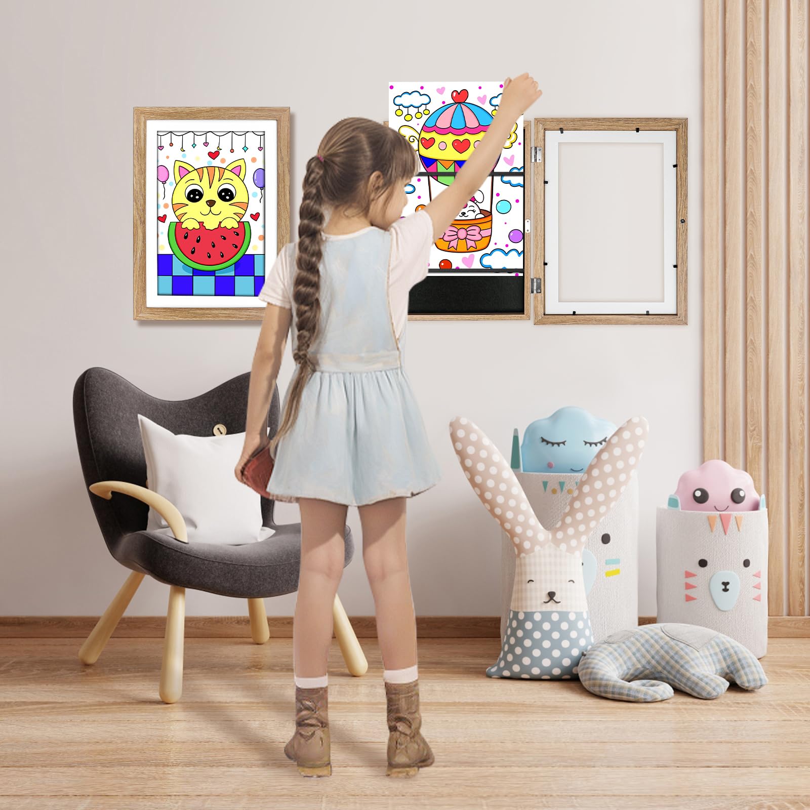 SelfTek Marco Dibujos Infantiles A4, Pack de 2 Marcos para Dibujos Niños con Soporte, Apertura Frontal Magnética, Hasta 150 Dibujos, Ideal para Casa, Escuela, Regalo (Madera)